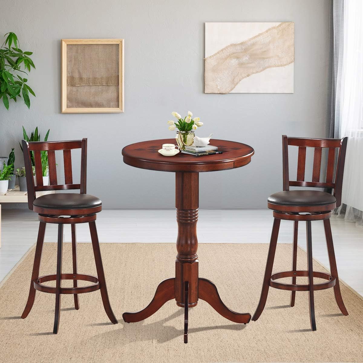 Giantex Round Dining Table, 30' D X 41.5' H, Wooden Pub Pedestal Side Table W/Chessboard, Adjustable Foot Pads, Multi-Purpose Dinner Table for Small Space, Kitchen, Dining Room, Restaurant, Walnut