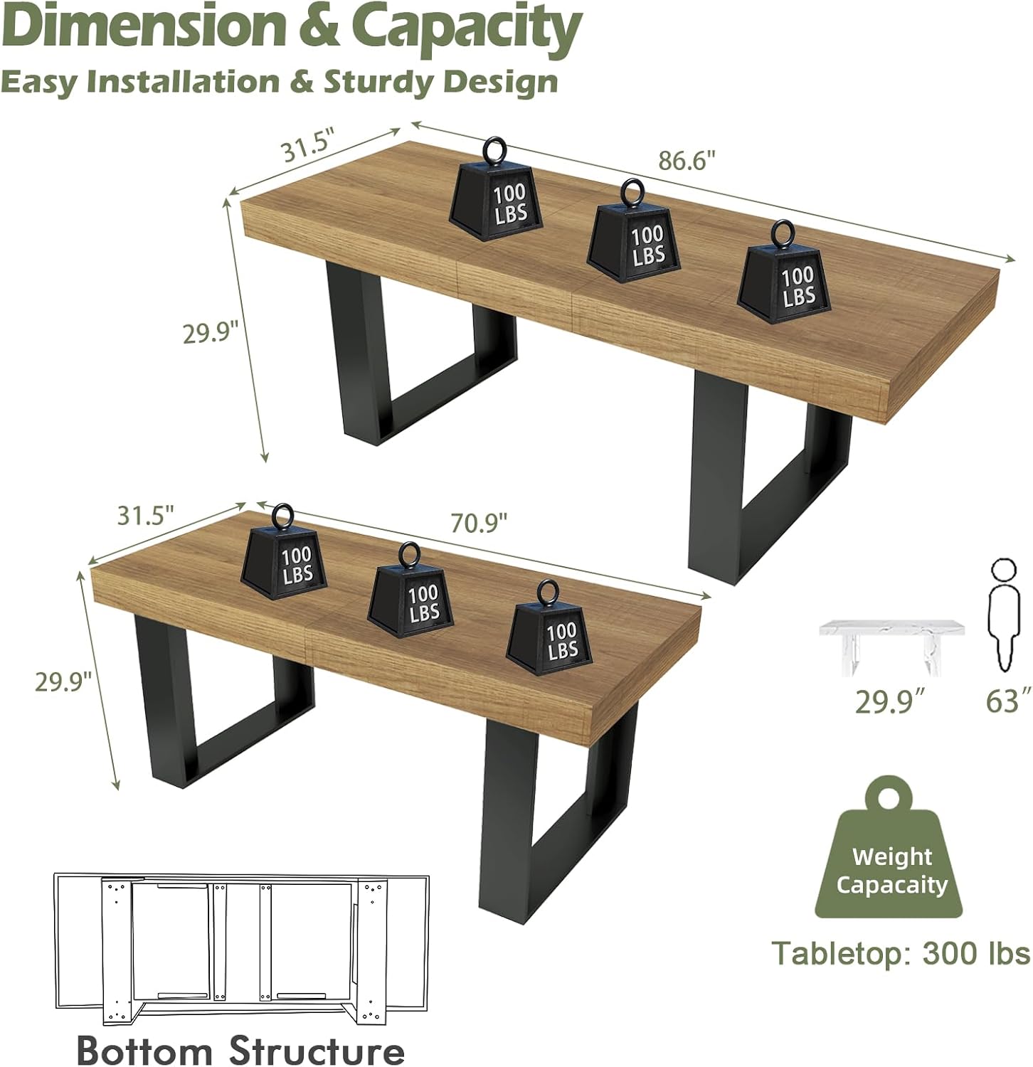 STHOUYN Farmhouse Rustic Extendable Dining Room Table for 8 10, 70.9' (86.6') x 31.5', Rectangular Dinner Table for 6-10, Mid Century Modern Expandable Retractable Wooden Kitchen Table (Brown)