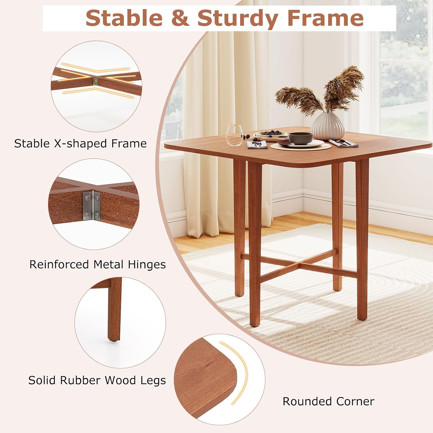 Giantex 36' Folding Dining Table for 2-4, Extendable Drop Leaf Kitchen Table with Solid Rubber Wood Frame, Space-Saving Dinner Table for Small Space, Living Dining Room, Dinette, Walnut