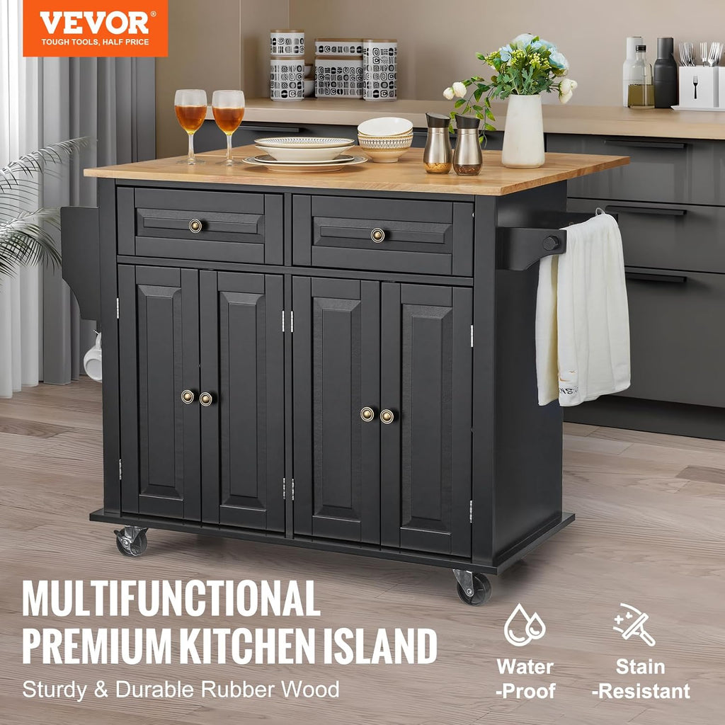 VEVOR Kitchen Island Cart, 35' Wood Top Mobile Carts with Storage Cabinet, Rolling Table with Drop Leaf, Spice Rack, Towel Bar, Adjustable Shelf, Drawer, and Hooks, Portable Islands on Wheels, Black