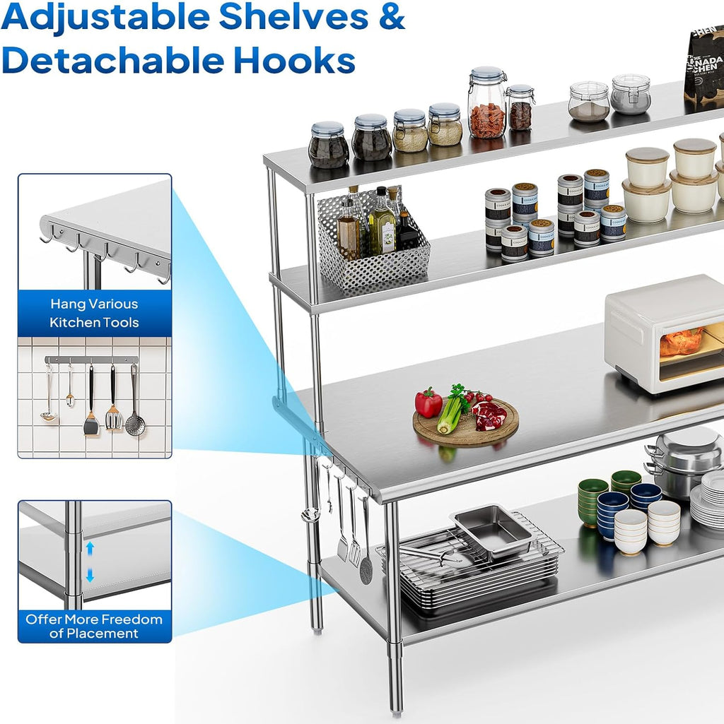 ROVSUN Stainless Steel Table with Overshelves 72' X 30', NSF Commercial Heavy Duty with Adjustable Undershelf & Detachable Hooks, Metal Prep Table for Kitchen, Restaurant, Home, Hotel