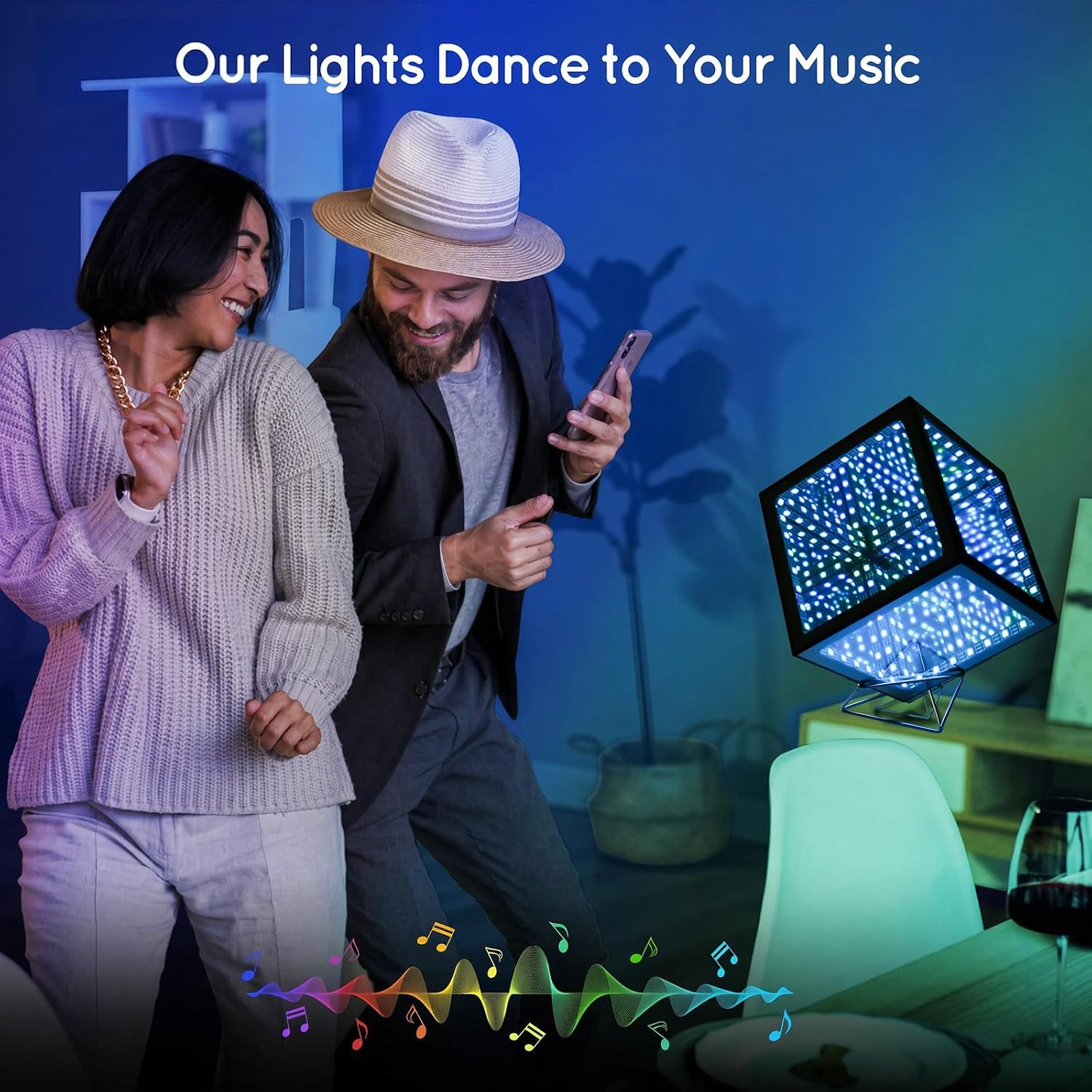 Infinity Mirror Hyper Cube Table Lamp, Desk Art Night Light, Color-Changing Music-Sync APP-Controlled Ambient Light for Gaming, Party, Home, Gift (10 Inches)