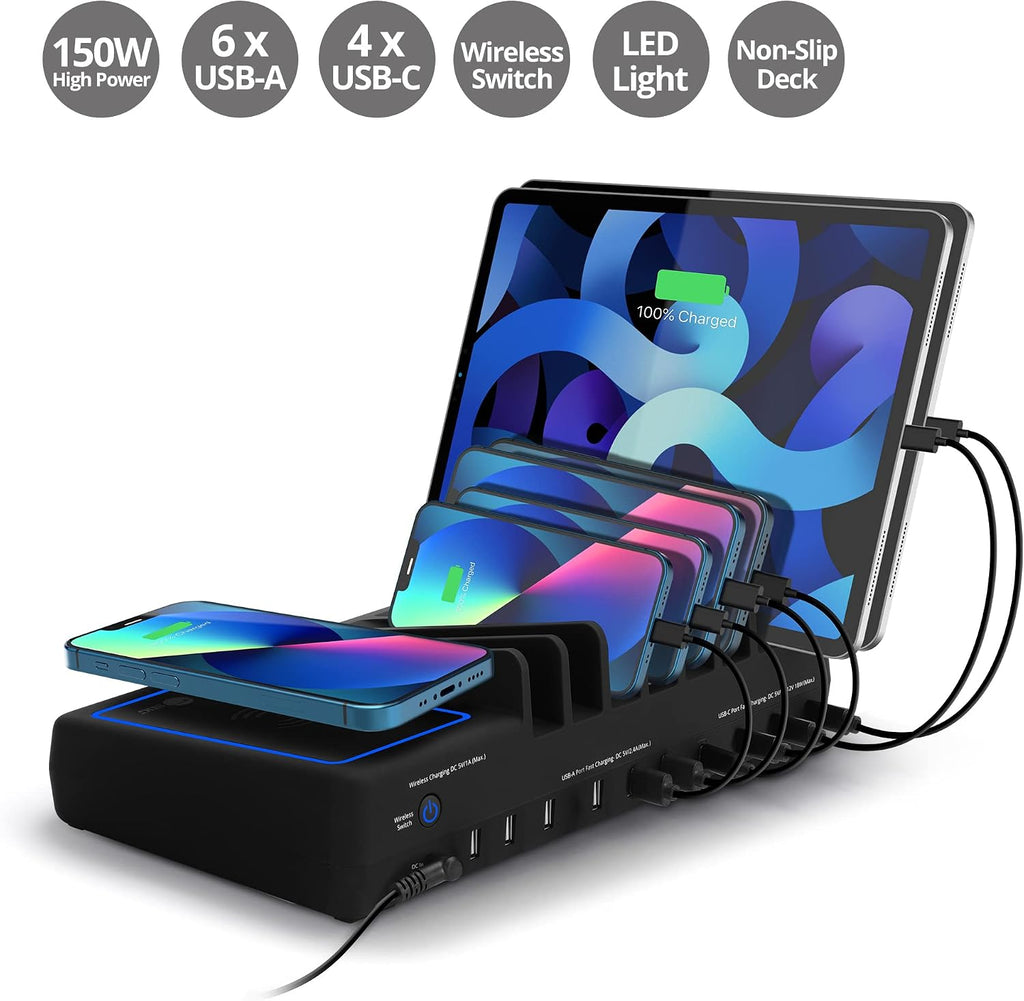 SIIG 10 Port 150W USB Charging Station with Qi Wireless Charging Deck, 6X USB-A and 4X USB-C Charging Ports, Vertical Device Organizer, Compatible with iPhones, iPads and More (AC-PW1R11-S1)