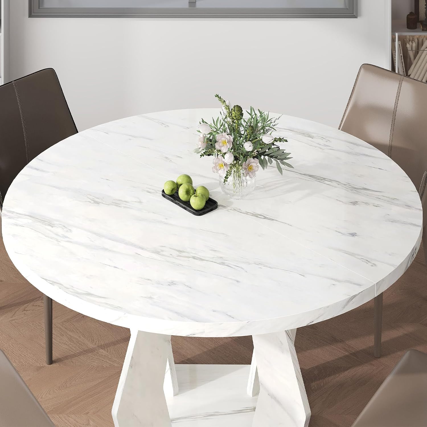 IBF Round Marble Dining Table,Dinner Tables for Kitchen 4-6,47 Inch Modern Pedestal Dining Room Table for Kitchen,Office,Living Room,White Marble