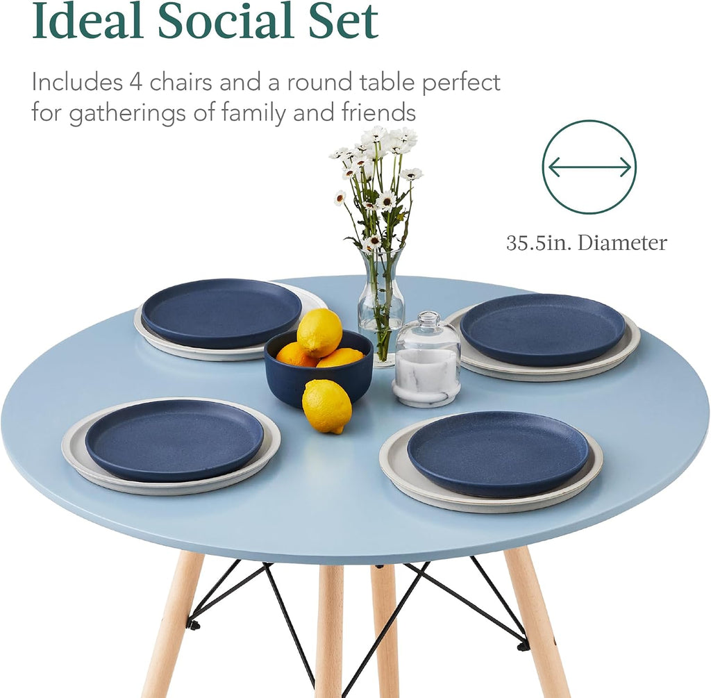 Best Choice Products 5-Piece Dining Set, Compact Mid-Century Modern Table & Chair Set for Home, Apartment w/ 4 Chairs, Plastic Seats, Wooden Legs, Metal Frame - Blue/Oak