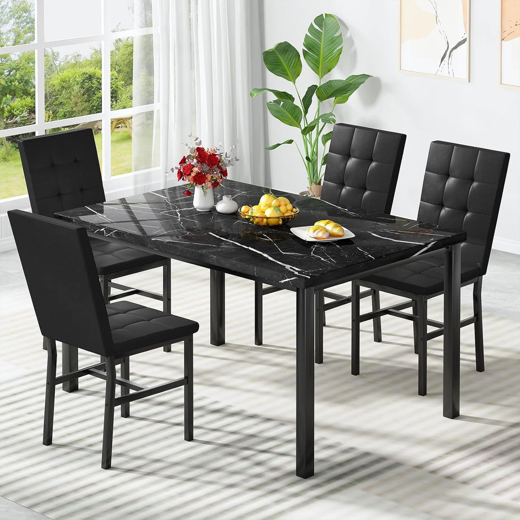 Hooseng Kitchen Table Set 5 Piece Dining Room Table Set Marble Dining Table 4 Chair Dining Table Set for Kitchen Living Room Breakfast Small Spaces (Black)