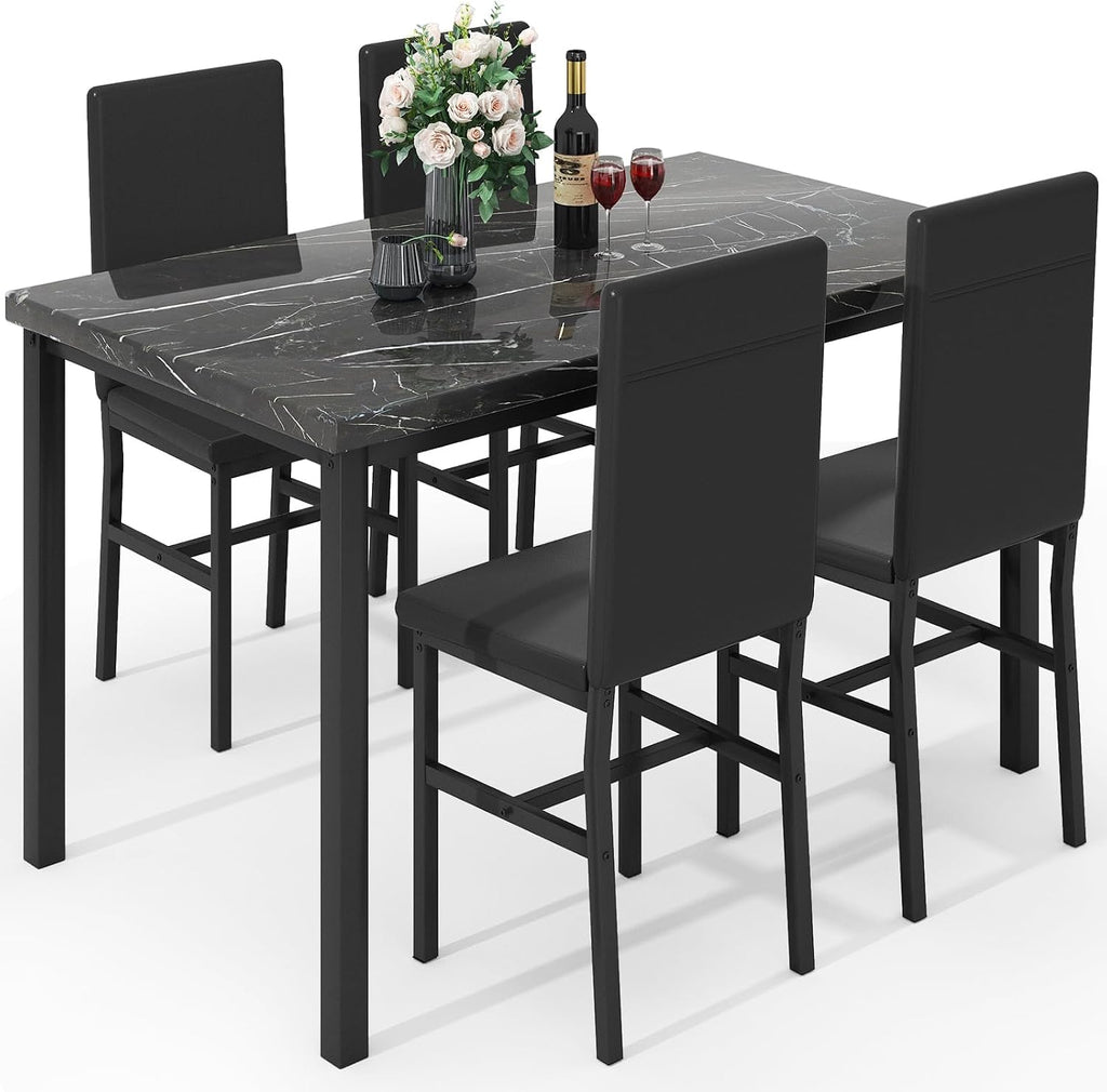 Hooseng Dining Table Set for 4, Modern Faux Marble Kitchen Table with 4 PU Leather Chairs, 5 Piece Dining Room Sets for Dinette, Breakfast Nook, Black