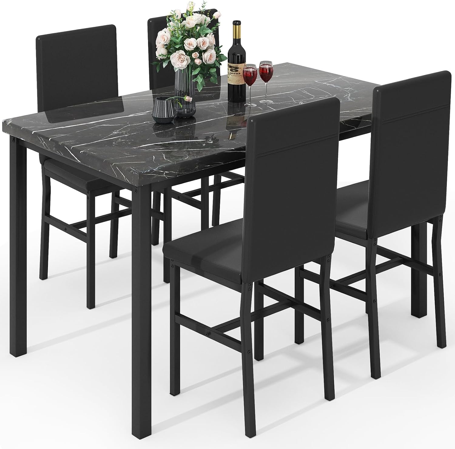 Hooseng Dining Table Set for 4, Modern Faux Marble Kitchen Table with 4 PU Leather Chairs, 5 Piece Dining Room Sets for Dinette, Breakfast Nook, Black