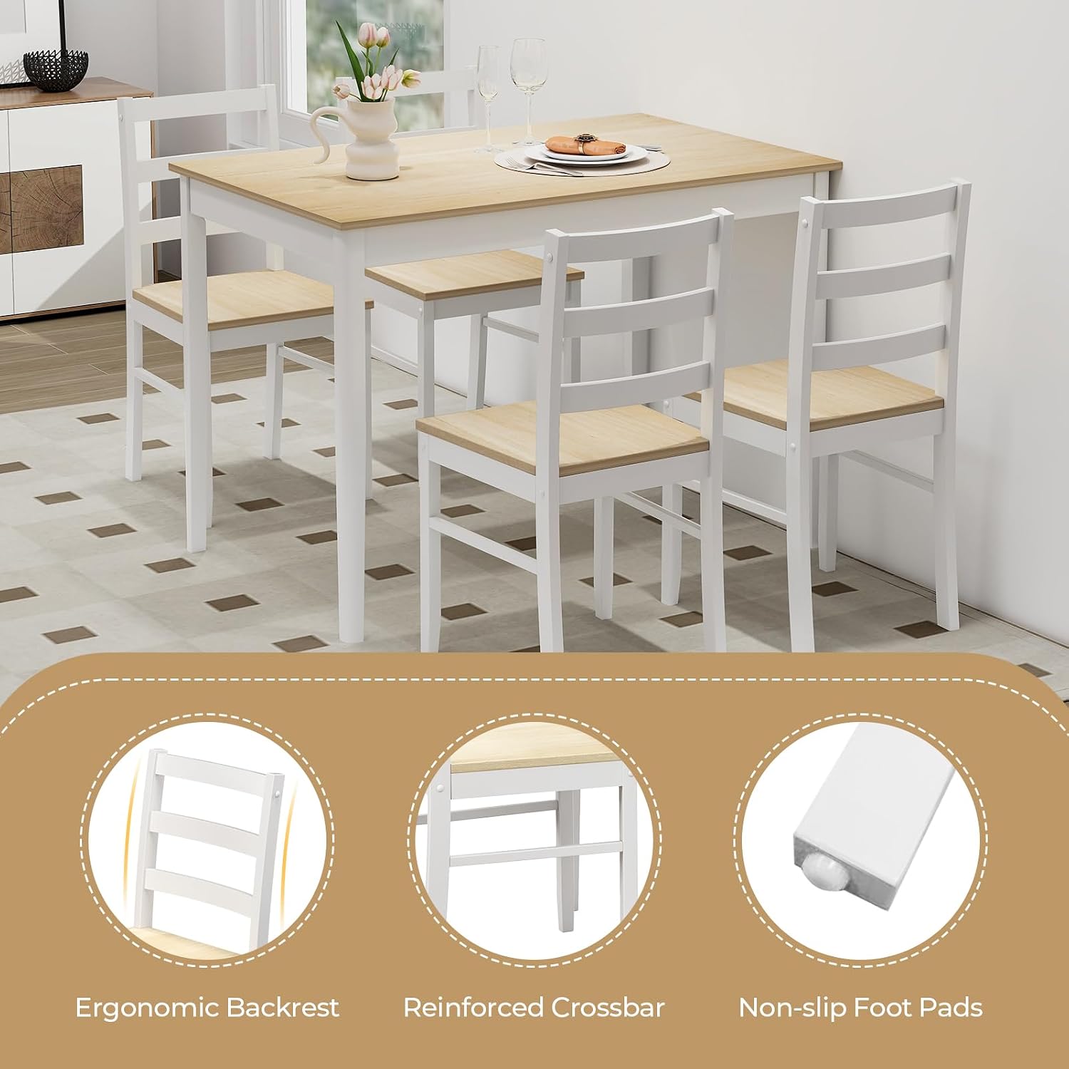 Tangkula Dining Table Set for 4, Solid Wood, Farmhouse Dinette Set w/Rubber Wood Legs, Compact Dining Table and Chairs Set for Kitchen, Dining Room (Natural+White)