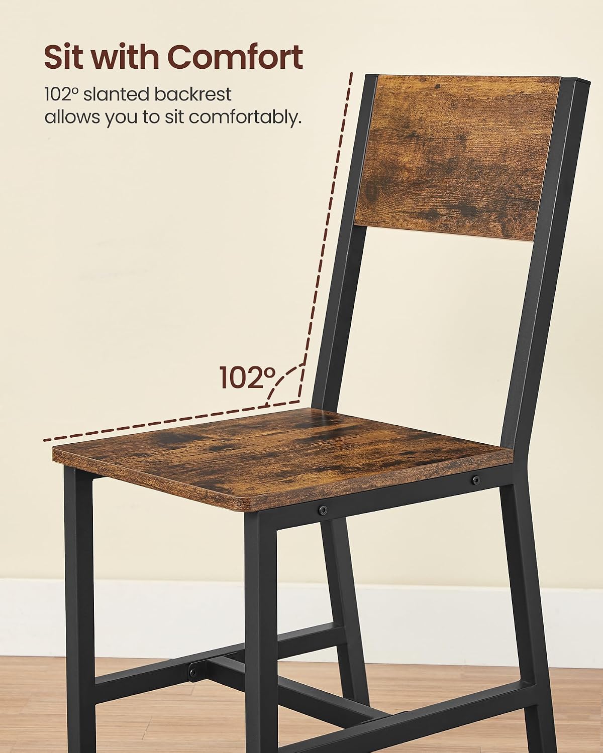 VASAGLE Dining Chair Set of 4, Rustic Wood Chairs with Metal Steel Frame, Easy to Assemble, Comfortable Seat, Modern Farmhouse Chair for Kitchen, Bedroom, Living Room, Rustic Brown and Ink Black