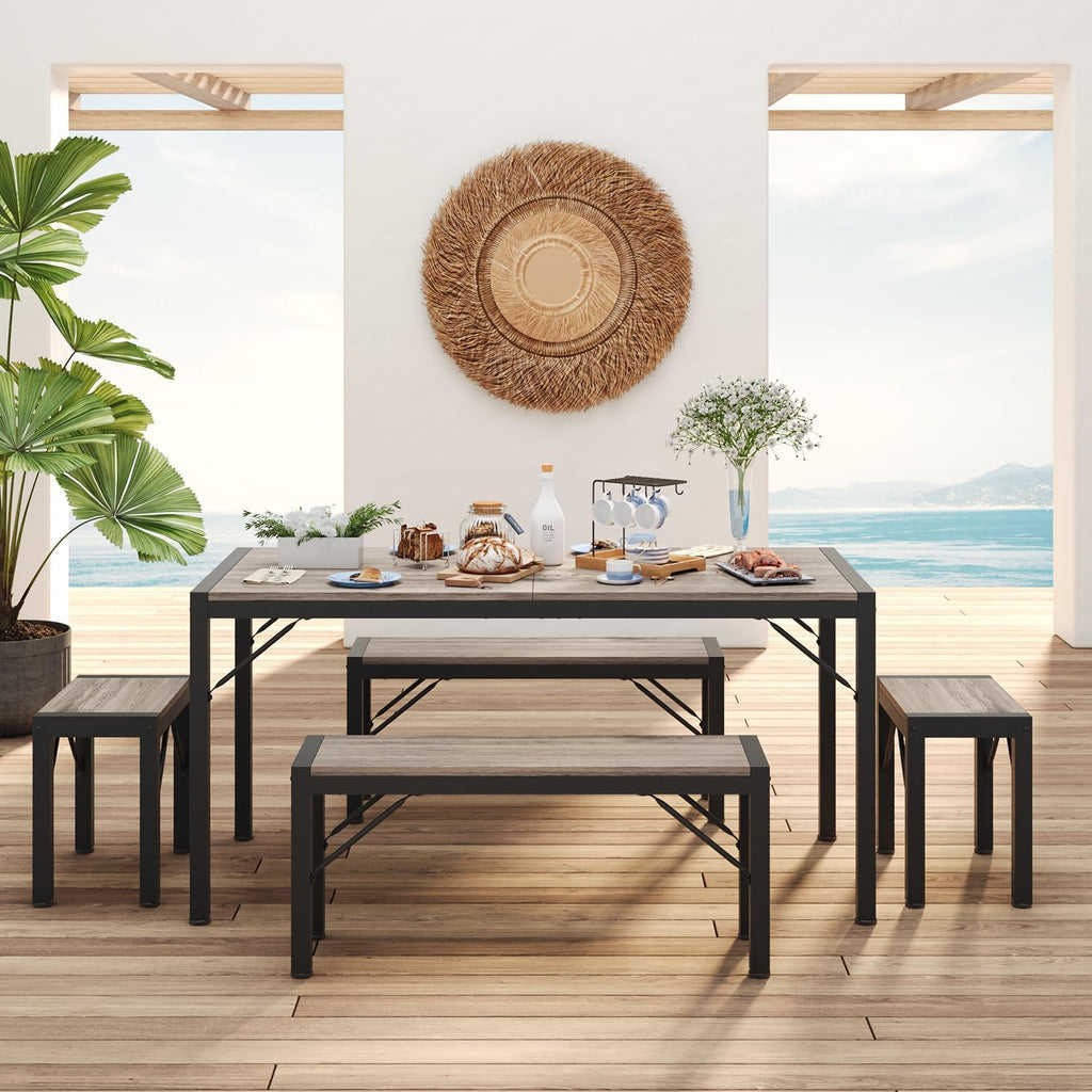 Gizoon 63' Dining Room Table Set for 6, Kitchen Table with 2 Benches and 2 Stools, Dining Table Set with Metal Frame, Space-Saving Kitchen Table Set for Apartment, Grey