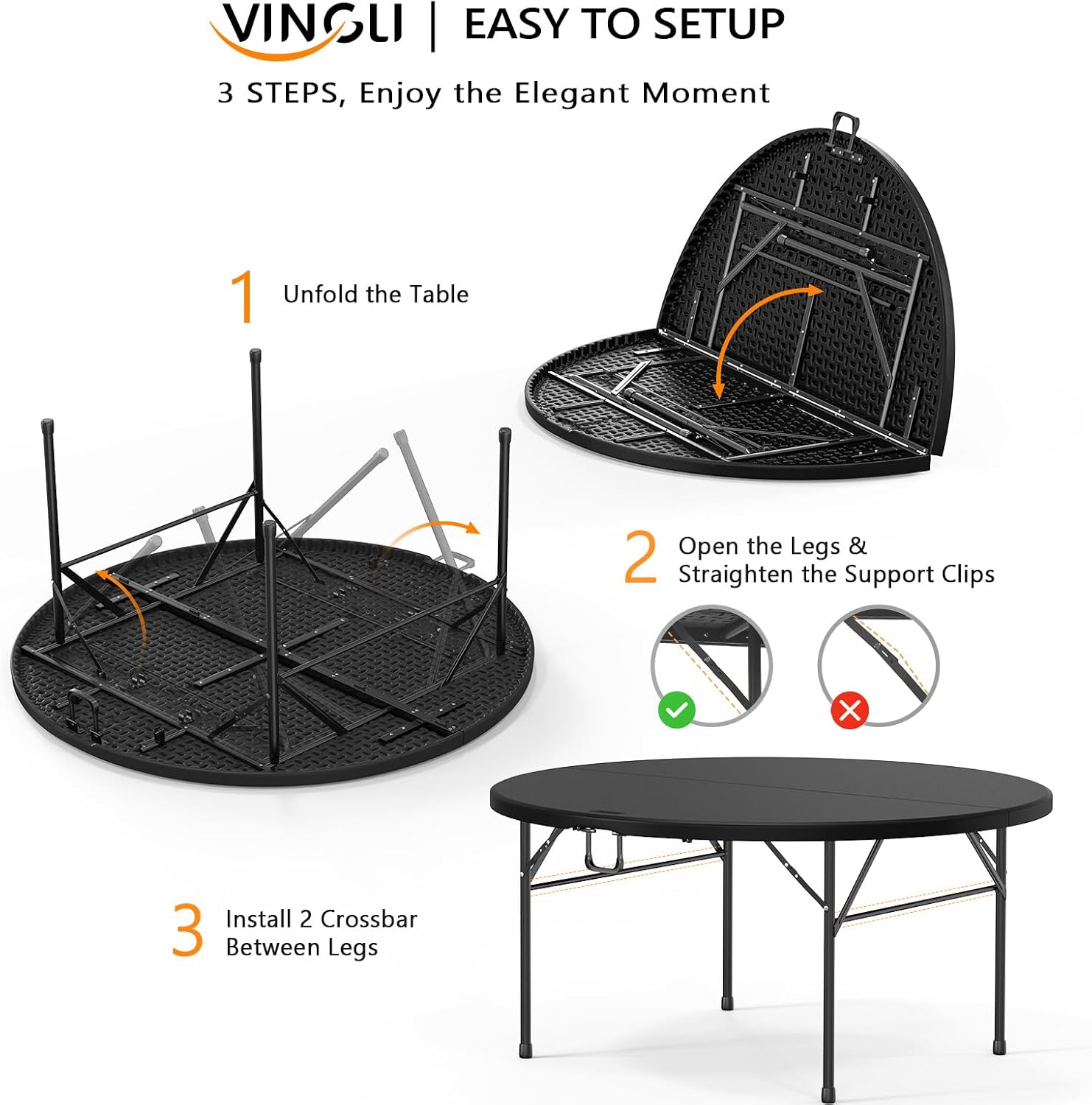 VINGLI 5 FT Black Round Bi-Folding Commercial Table, 60 inch Portable Plastic Dining Card Table for Kitchen Party Wedding Event, 1-Pack