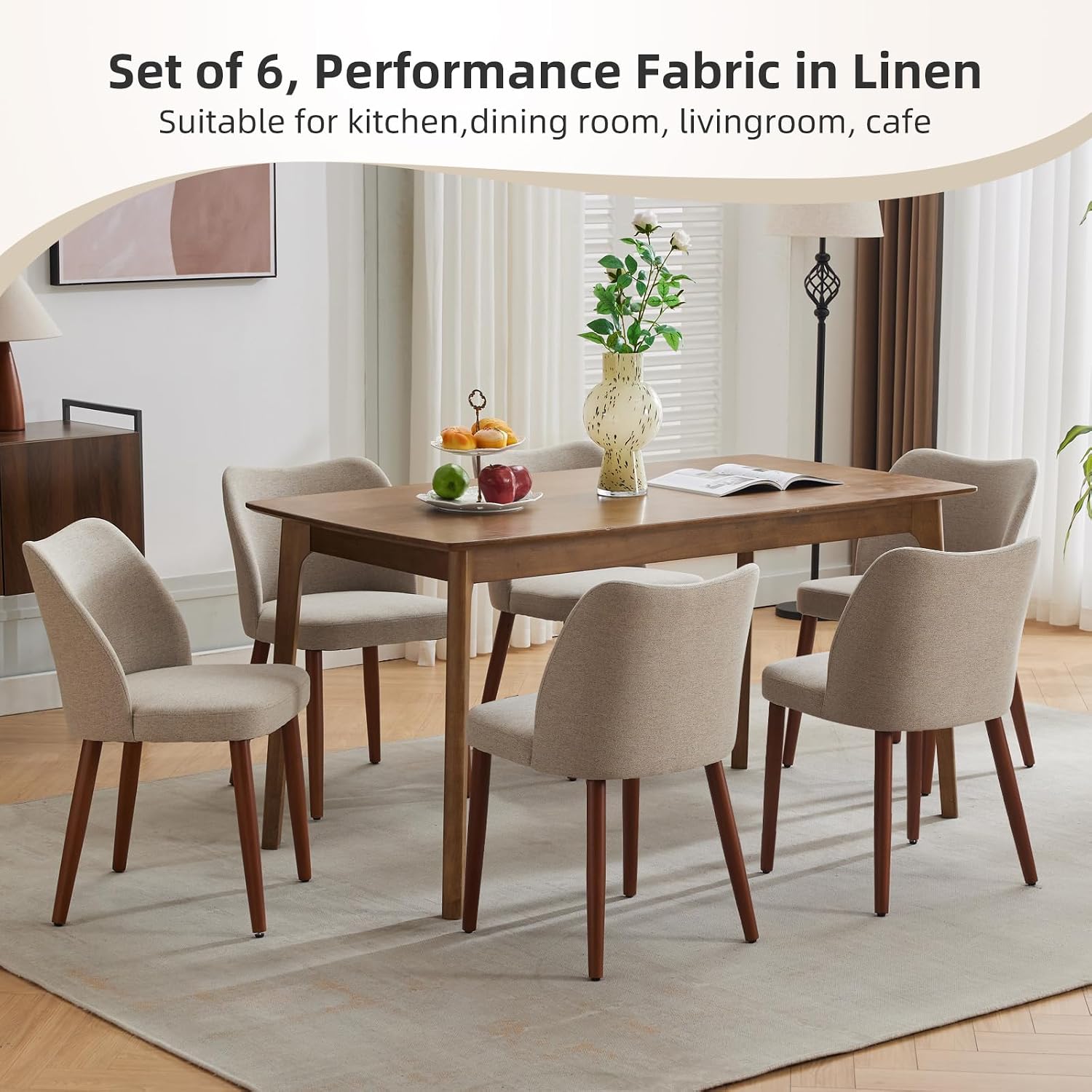 GarveeHome Linen Dining Chairs Set of 4 Upholstered Fabric Dining Chair with Wood Legs, Wing Backrest, Wooden Kitchen Chairs with Thick Cushions, Leveling Feet for Dining Room, Living Room, Khaki