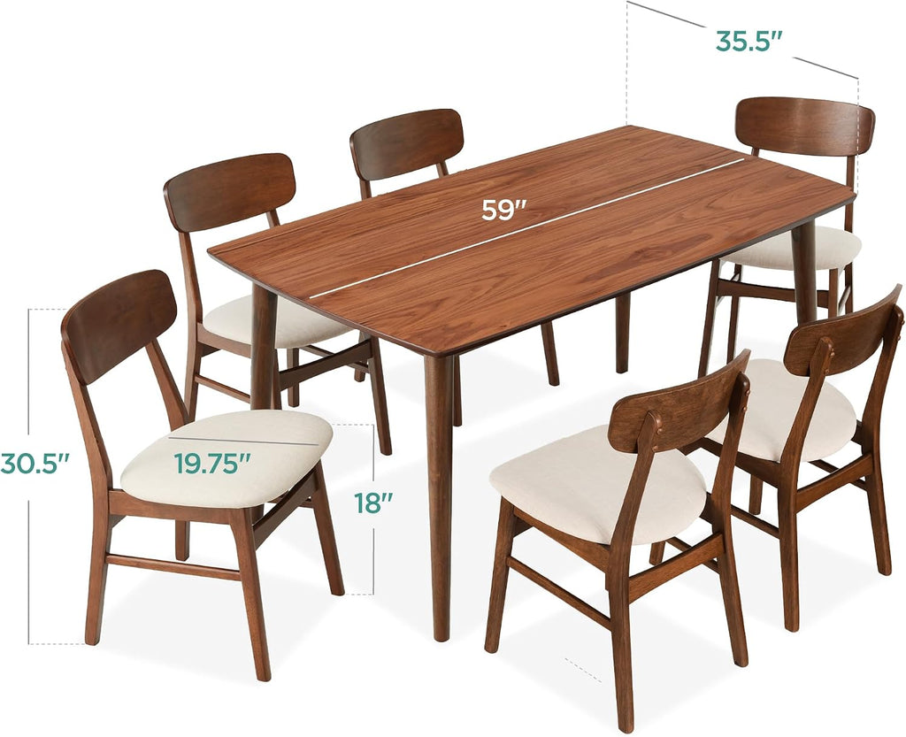 Best Choice Products 7-Piece Wooden Dining Room Table Set, Mid-Century Modern, Kitchen Table w/ 6 Chairs, Upholstered Cushions, Curved Backrests, Rounded Table Corners - Walnut/Cream