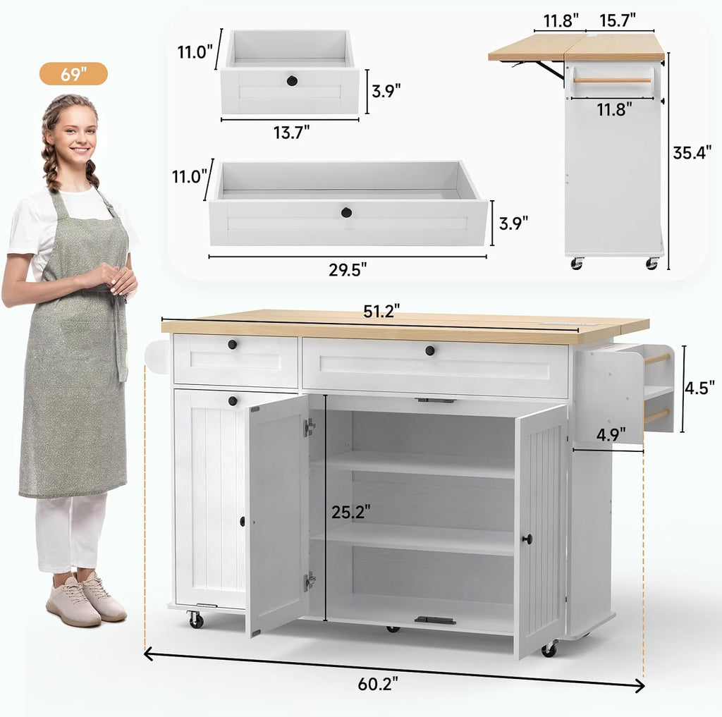 60' Kitchen Island with Power Outlet & Drop Leaf, Kitchen Rolling Island with Spice Rack & Towel Rack, Knife Holder, Kitchen Island Cart with Trash Storage Cabinet, Mobile Island Table for Kitchen