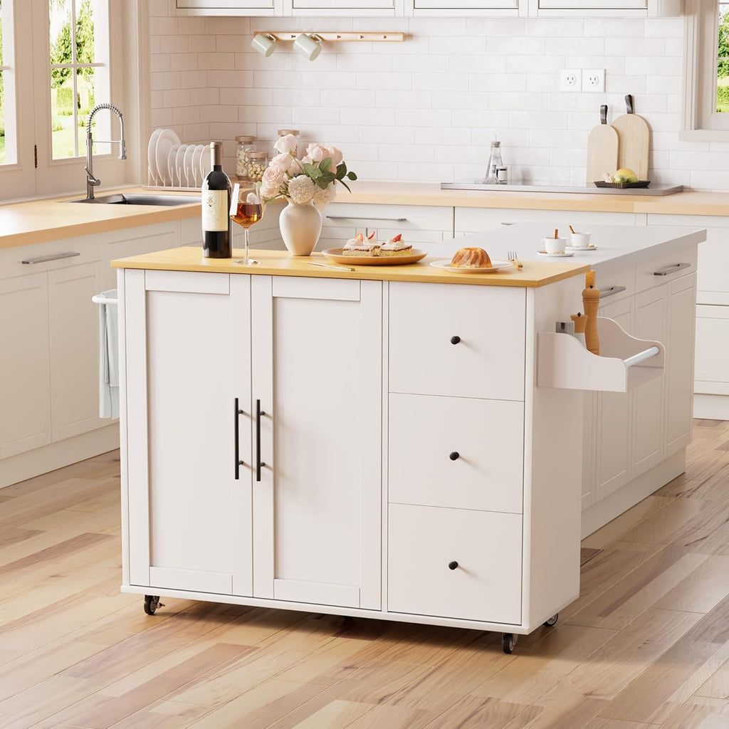 GRUSIGN Kitchen Island on Wheels with Storage-Multifunctional Kitchen Island Cart with Drop Leaf, Rolling Island with Spice/Towel Rack,Expandable Island Table Kitchen,39.37' Width,White