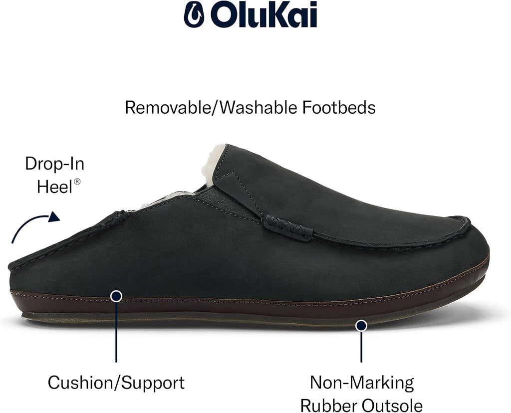 OLUKAI Moloa Slipper, Men's Premium Leather Slip-On Shoes, Soft Genuine Shearling Lining & Gel Insert, Drop-In Heel & All-Day Comfort