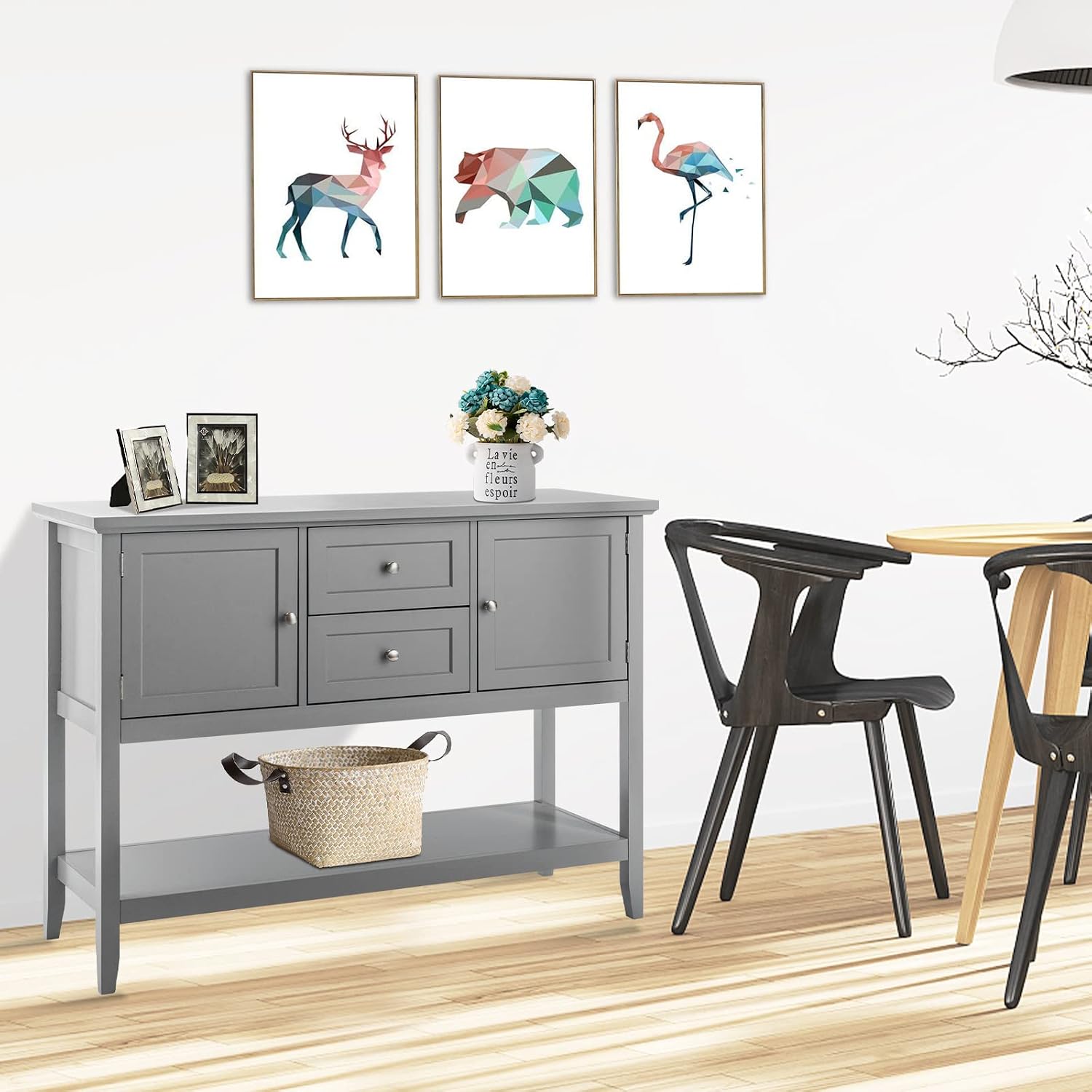 COSTWAY Buffet Sideboard, with 2 Wood Storage Drawers & Open Shelf, Console Table for Living Room Kitchen Dining Room Furniture (Grey)