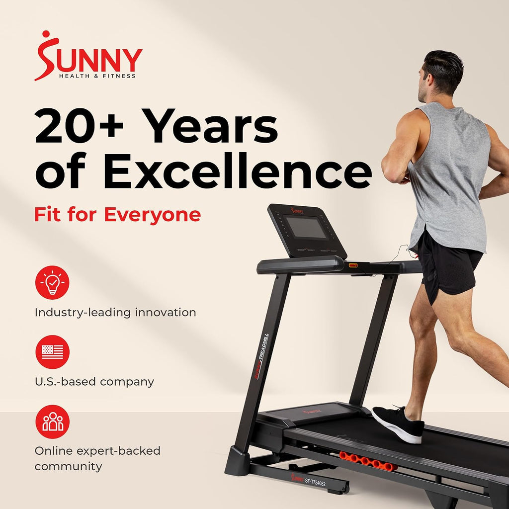 Sunny Health & Fitness Exercise Treadmills Double Deck Sizes and Incline Features with Bluetooth & SunnyFit App