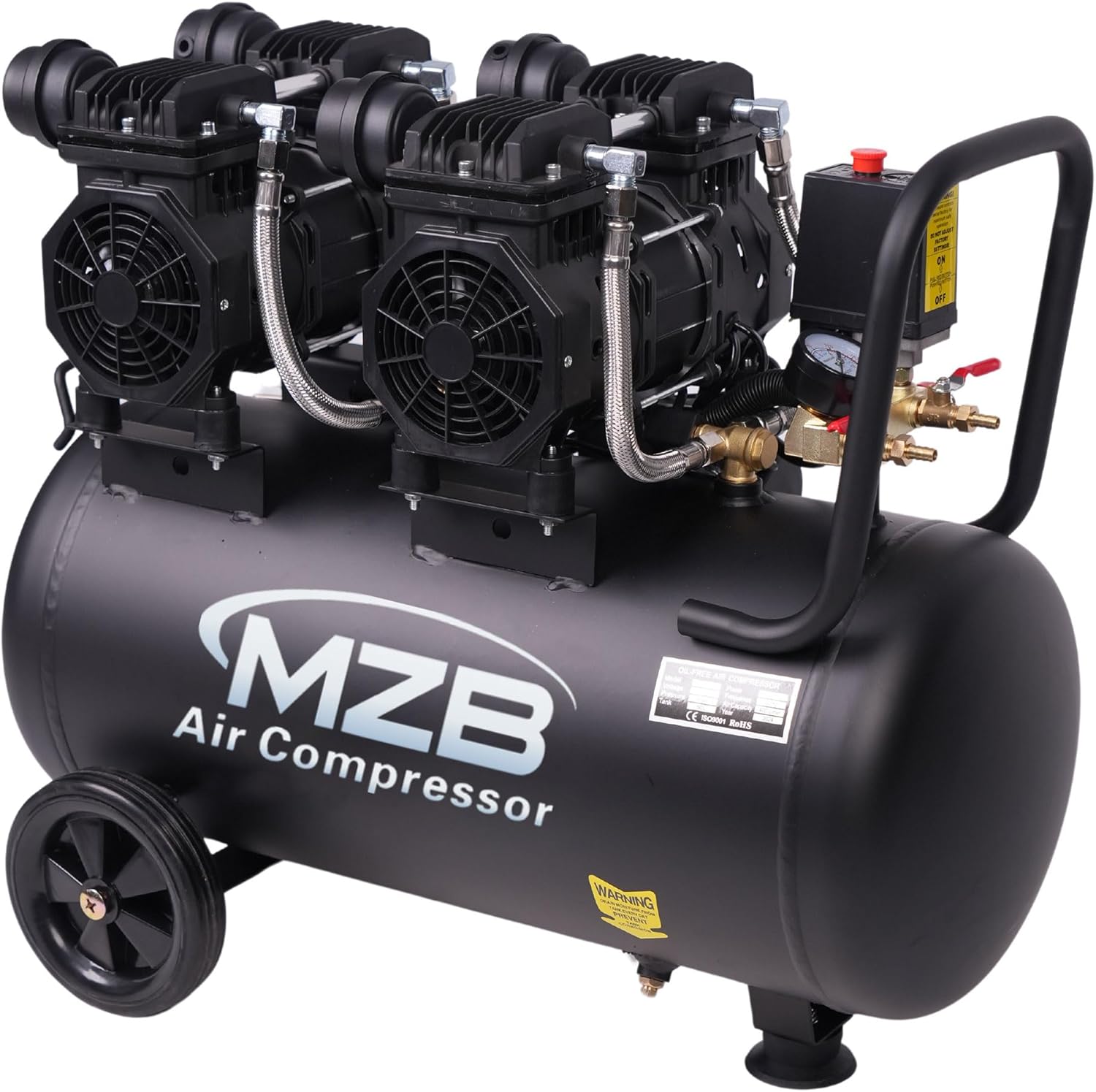 MZB 13.2 Gallon Ultra Quiet Air Compressor 110V/60Hz 1.5HP*2 14.83CFM, MAX 115PSI Steel Tanks Oil-Free 70DB Noise Level Air Compressor with Wheels for Spray Painting, Auto Repair, Carpentry Decoration