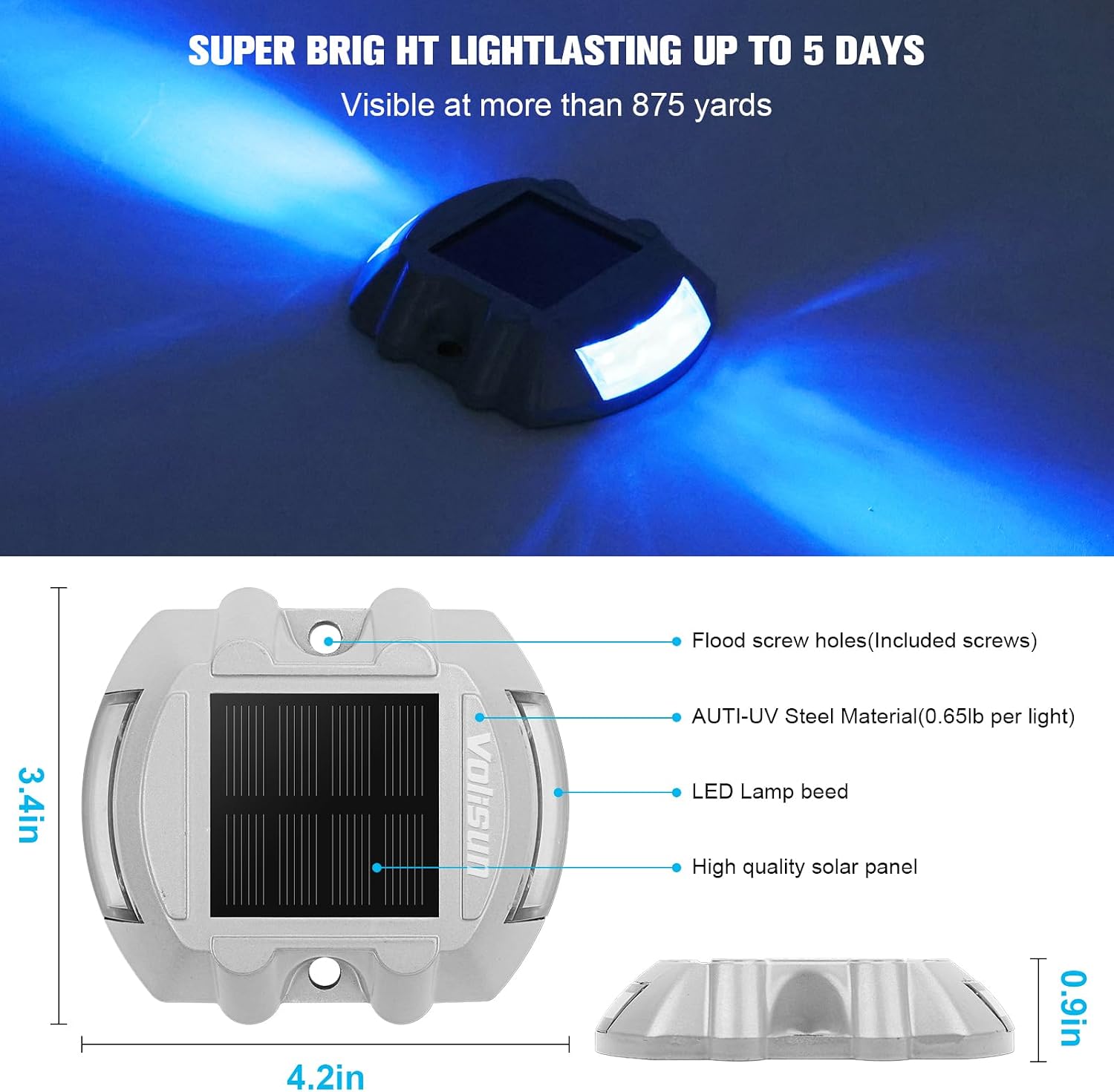 VOLISUN Solar Deck/Dock Lights, 16-Pack Led IP68 Waterproof Outdoor Warning Step Lights for Driveway Sidewalk Garden Pathway Yard (Blue, Auto On/Off