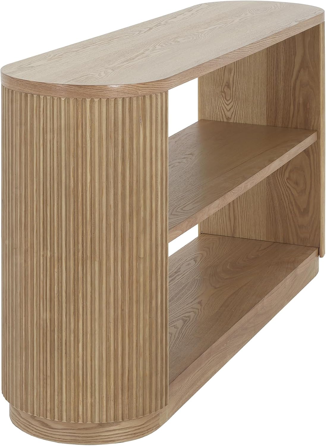 Modern Curved Console Table 59-Inch Oval Fluted Entry Sofa Table with Open Storage Shelves for Living Room Entryway Hallway Furniture, Natural