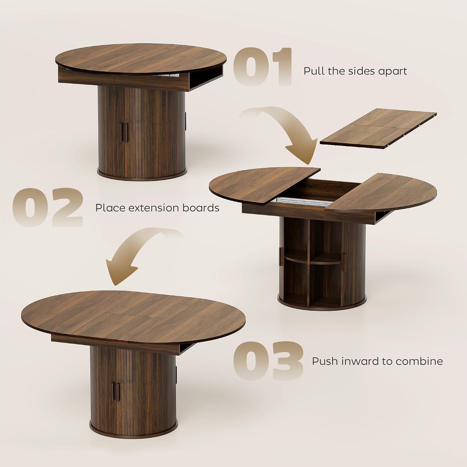 HOMCOM 43.3' to 59' Extendable Round Dining Table for 4-6, Farmhouse Transformer Dining Room Table with Removable Leaves, Circle Kitchen Table with Sliding Doors, Kitchen, Living Room, Walnut