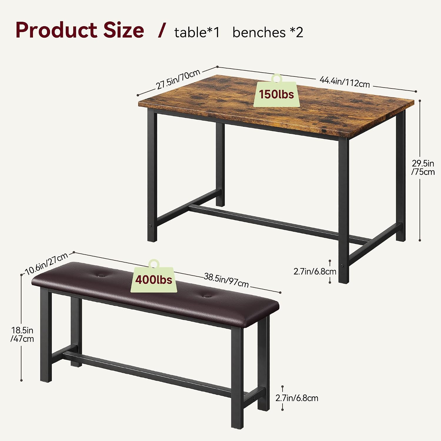 IDEALHOUSE Dining Table Set for 4, Kitchen Table with Upholstered Bench, Rectangular Dining Room Table Set with 2 Benches, 3 Piece Kitchen Table Set for Small Space, Apartment, Studio, Rustic Brown