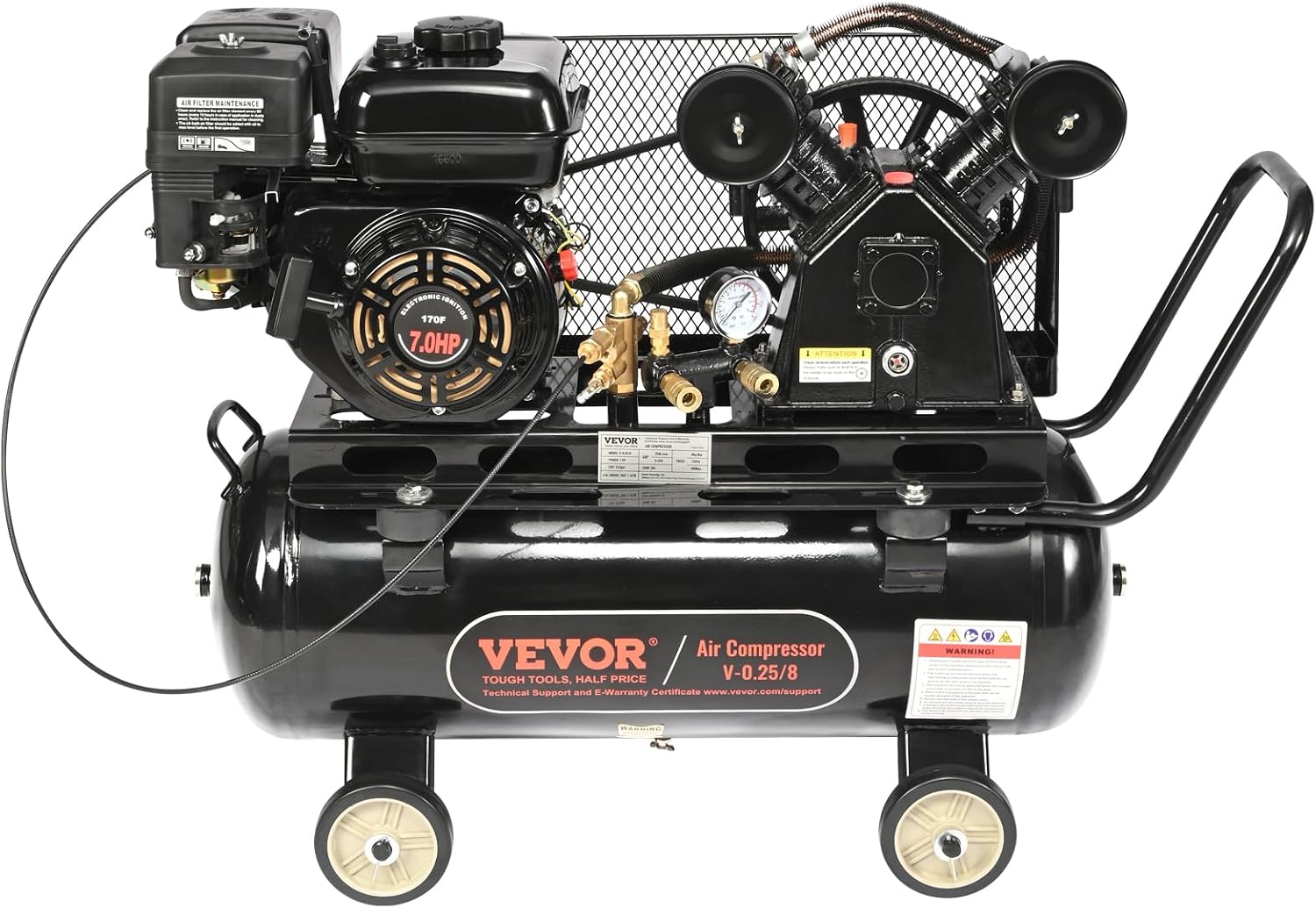 VEVOR 13.2 Gallon Gas Powered Air Compressor, 7HP 9CFM@115PSI Air Compressor Tank on Wheels, Gas Driven Piston Pump Air Compressed System with 115PSI Maximum Pressure for Workshop Construction Sites