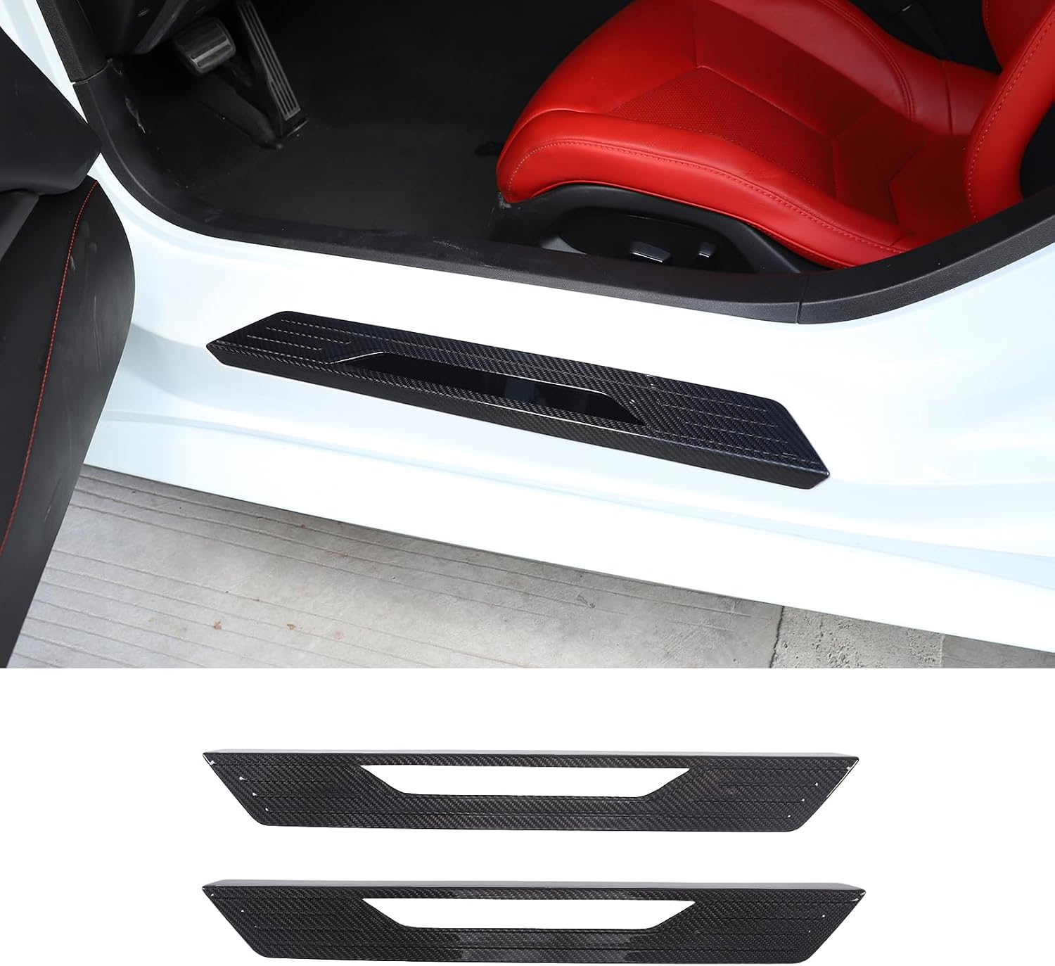 Real Carbon Fiber Door Sill Protectors Compatible with Chevrolet Corvette C8 2020-2026, Door Sill Guard Trim Cover, Threshold Strip Door Entry Guard Decorative Strip 2Pcs (Black)