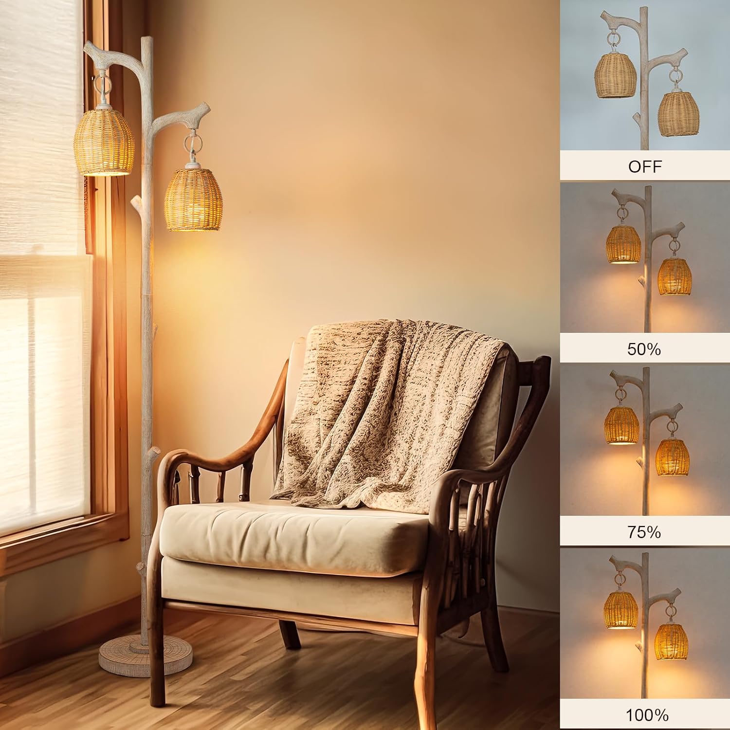 Scenekoy 68' High Farmhouse Rustic Country Cottage Floor Lamp Tree Trunk Faux Wood Column White Washed Wicker Drum Shade Decor for Living Room Bedroom Reading Room