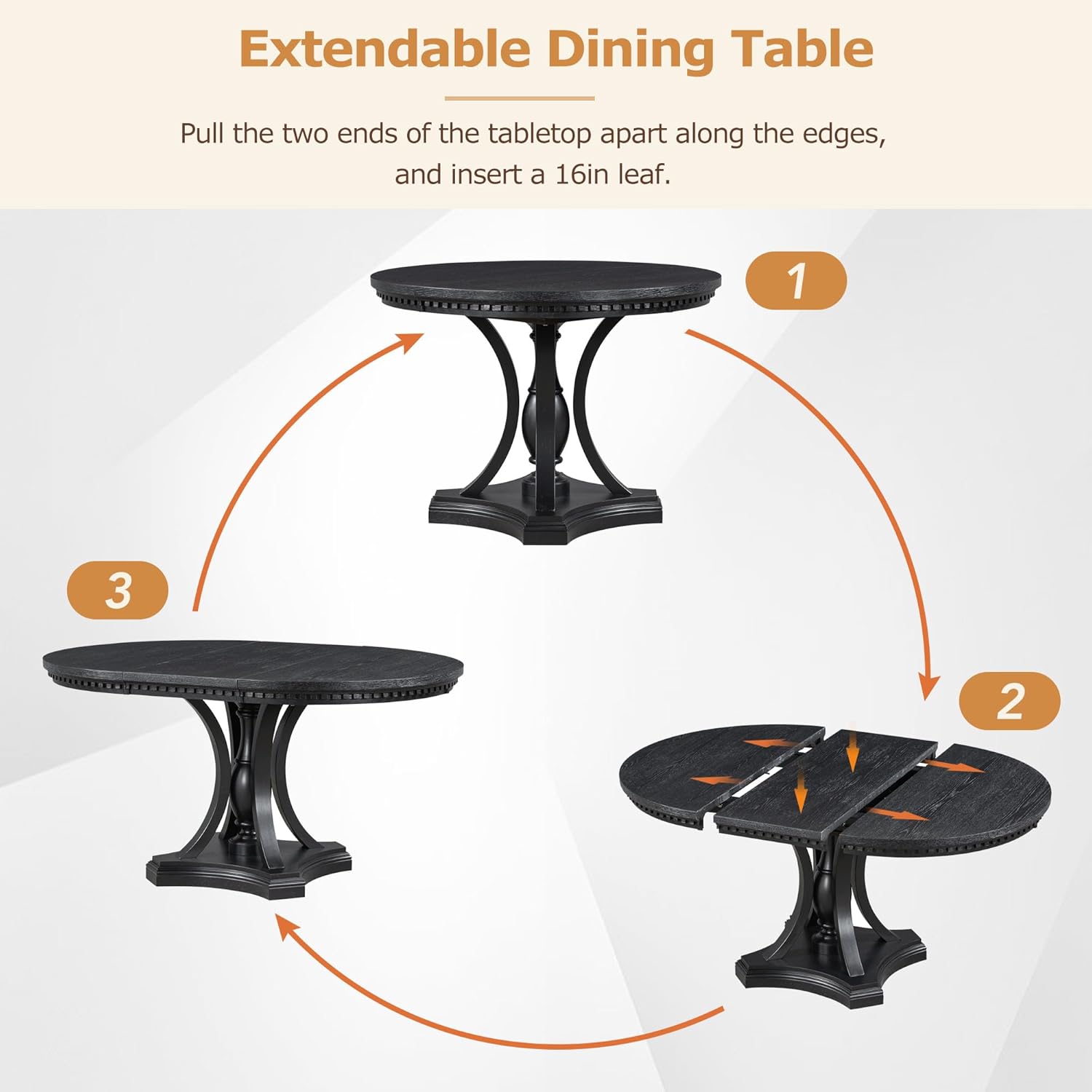 LUMISOL Round Dining Table Set for 4, 5-Piece Extendable Kitchen Table Set with 4 Upholstered Chairs, Farmhouse Table and Chairs Set for Kitchen, Dining Room, Living Room, Black+Beige