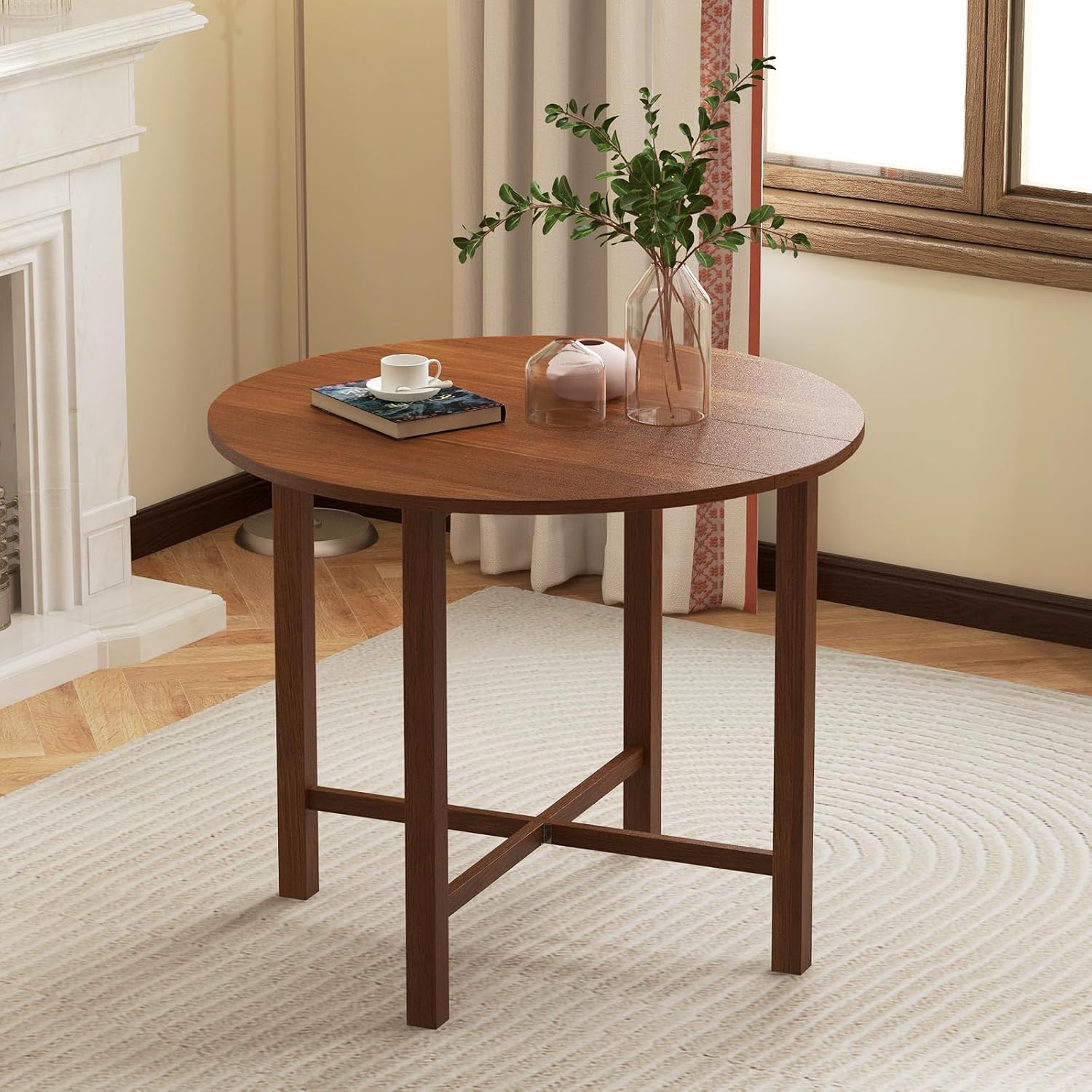Giantex 36' Folding Dining Table for 2-4, Extendable Drop Leaf Kitchen Table with Solid Rubber Wood Frame, Space-Saving Round Dinner Table for Small Space, Living Dining Room, Dinette, Walnut