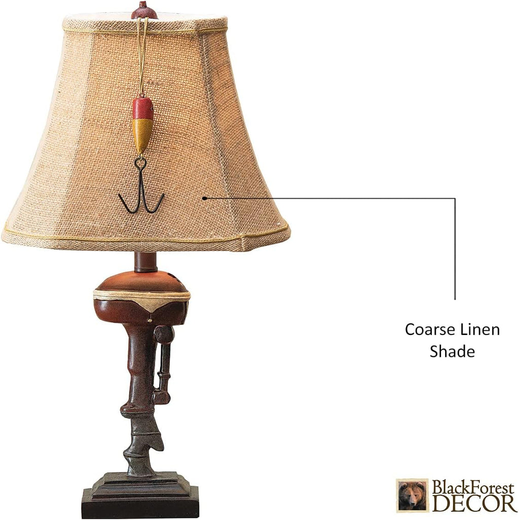 BLACK FOREST DECOR Outboard Accent Table Lamp – Rustic Boat Motor Fishing Lamp with Linen Shade – 11' W x 8.2' D x 20' H