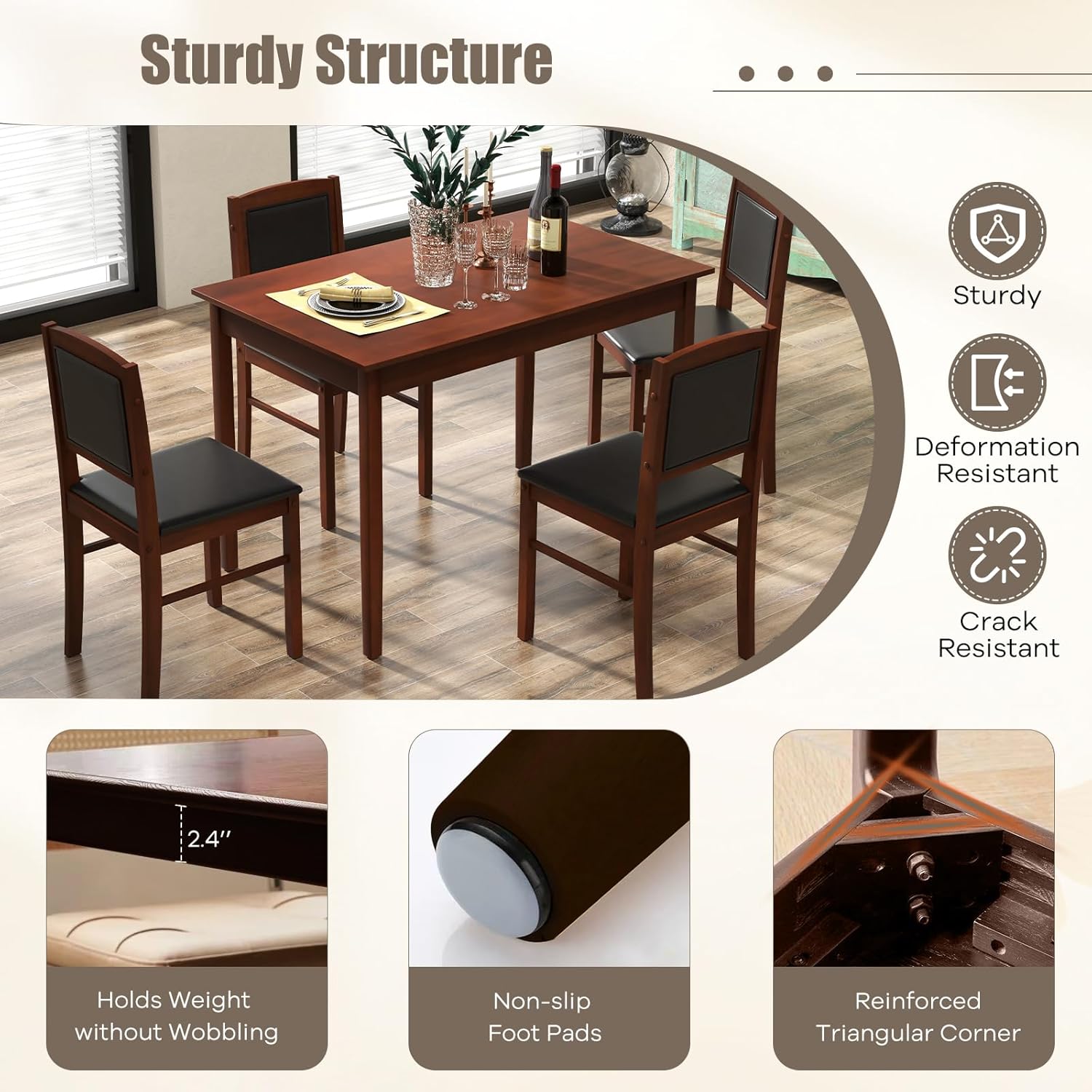 NAFORT 5 Piece Dining Table Set for 4, Farmhouse Solid Wood Kitchen Table Chairs Set of 4, Mid-Century Modern Dinette Set w/Upholstered Dining Chairs, 4 Seat Dining Room Table for Kitchen,Office