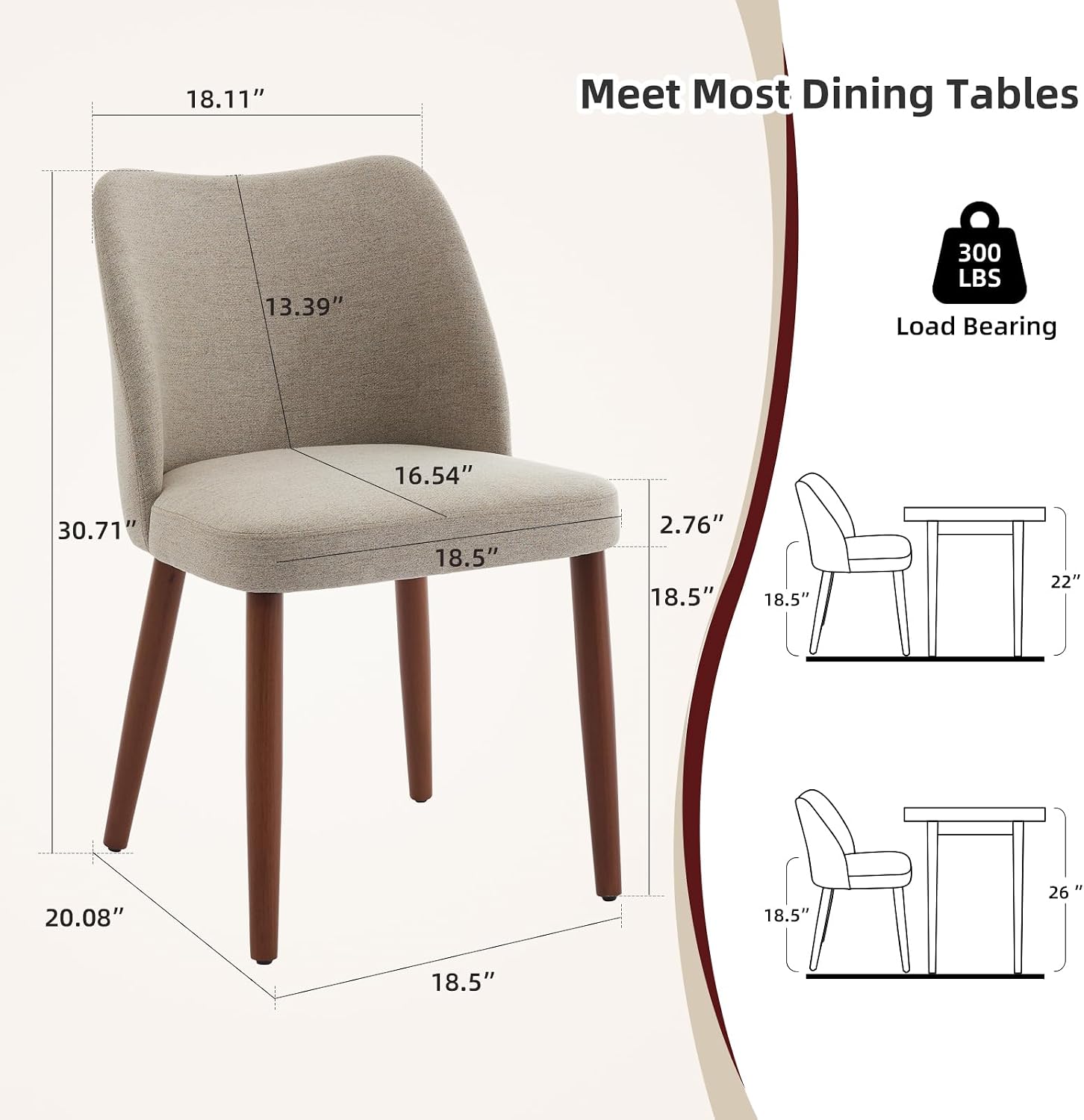 GarveeHome Linen Dining Chairs Set of 4 Upholstered Fabric Dining Chair with Wood Legs, Wing Backrest, Wooden Kitchen Chairs with Thick Cushions, Leveling Feet for Dining Room, Living Room, Khaki