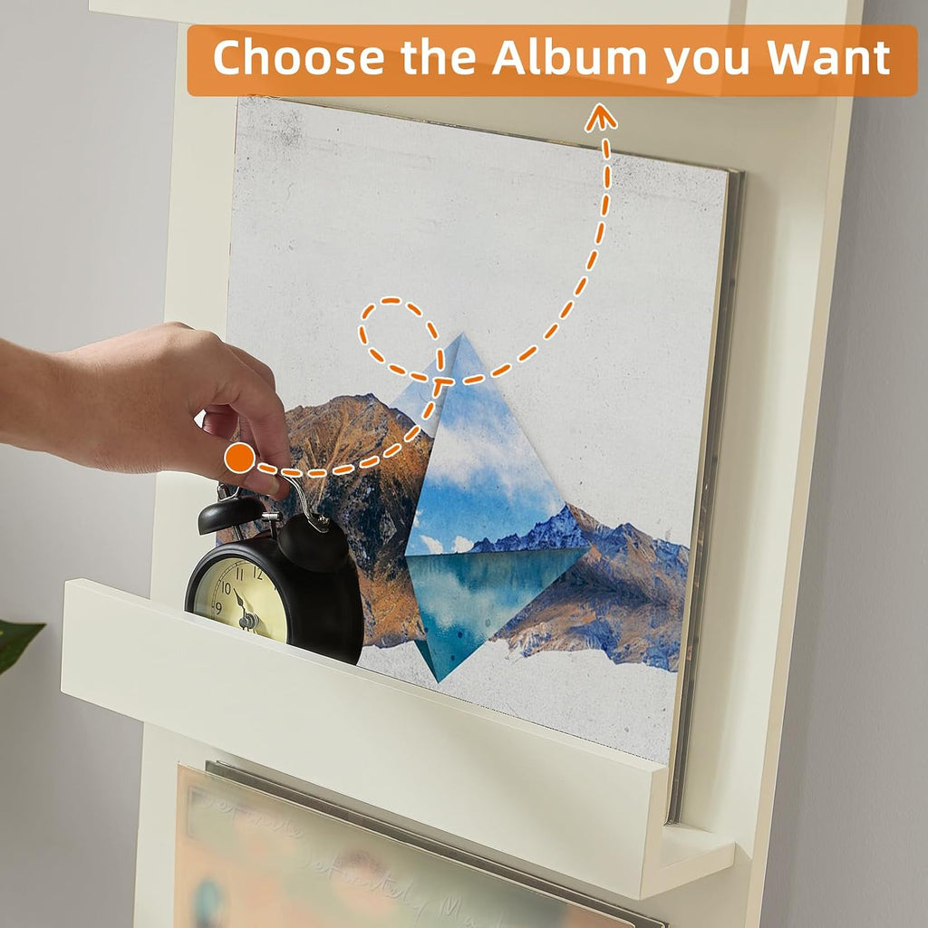 LELELINKY Wall Mount Vinyl Record Holder Set of 2 with 3 Tier Display Area, 47.5'' Tall Record Storage Magazine Holder, Book Shelf Holder Holds Up to 15 Vinyls Albums/CD for, Living Room, Music Room
