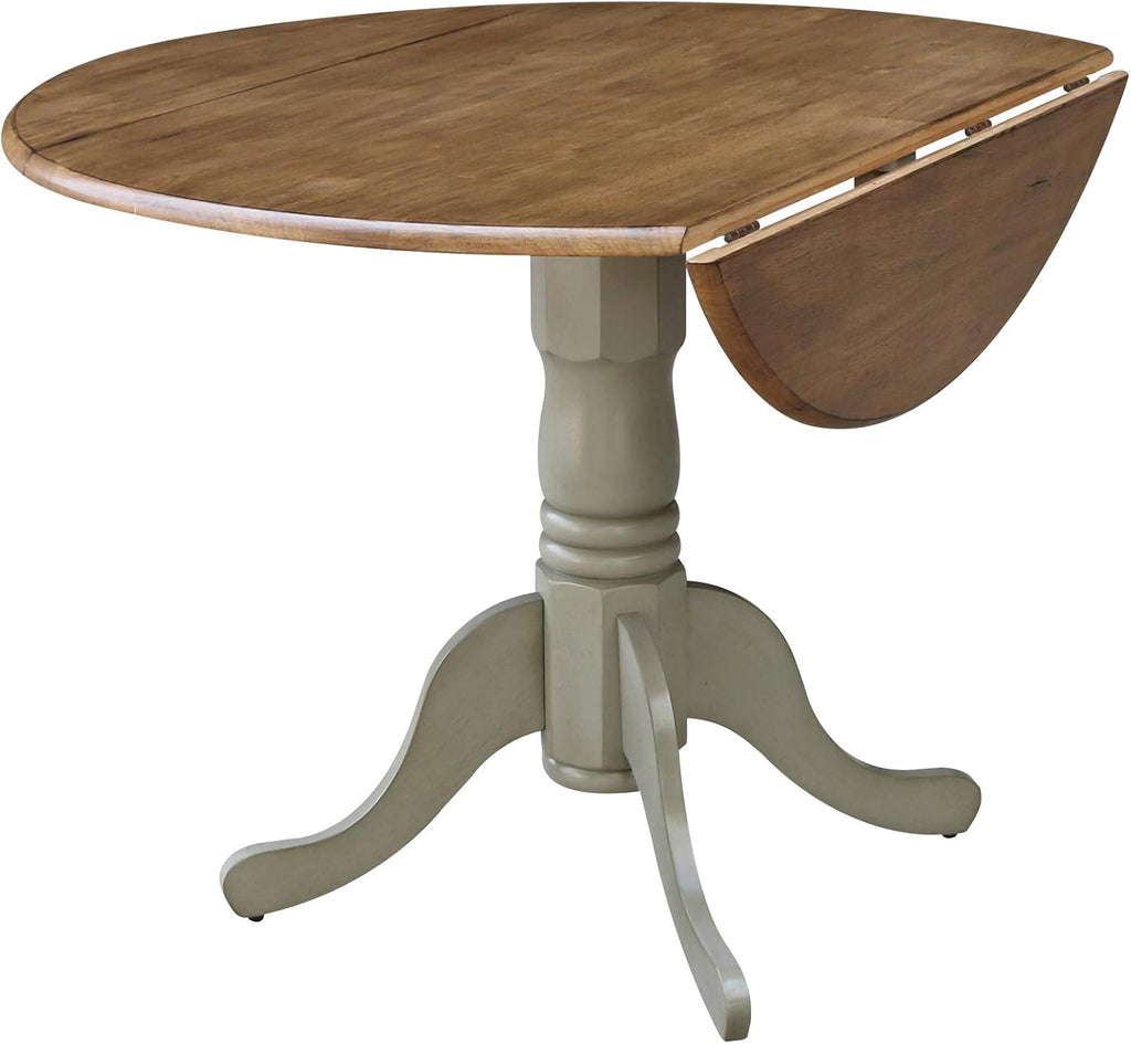 IC International Concepts, 42' Round Dual Drop Leaf Pedestal Dining Table, Solid Real Wood, Sturdy Parawood, Distressed Hickory/Stone
