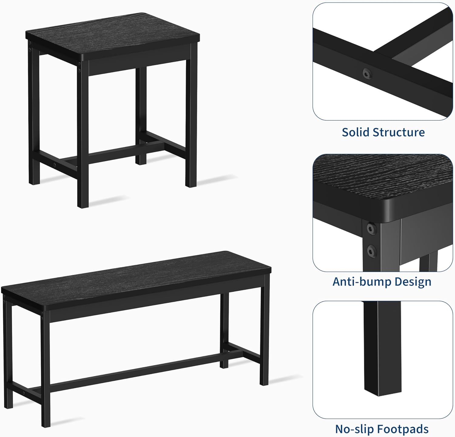 GarveeHome 5 PCs Dining Table Set for 6-8 People, 63 in Extendable Kitchen Table Set with 2 Benches and 2 Square Stools, Modern Dining Room Furniture Sets, Easy Assembly, Black