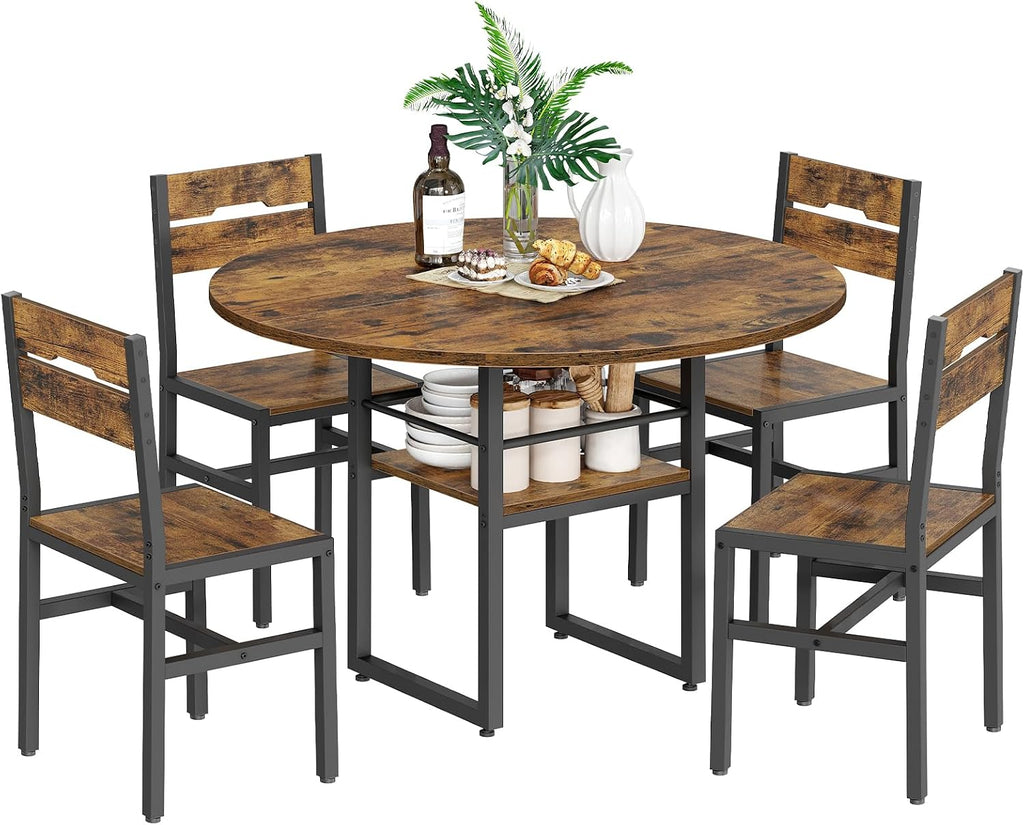 RALGEND Round Dining Table Set for 4, 5-Piece Kitchen Table and Chairs with Storage Shelf, Circle Dinner Table Set with Wooden Tabletop & Metal Legs, for Kitchen & Dining Room, Rustic Brown and Black