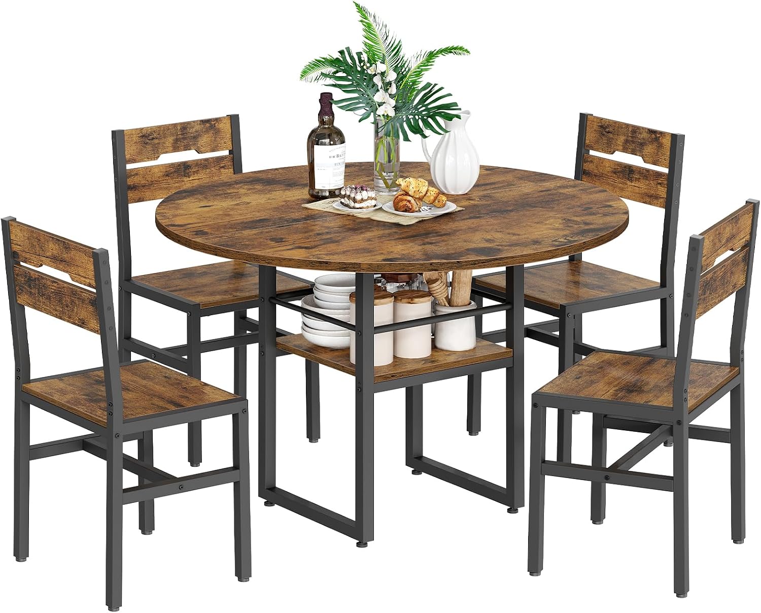 RALGEND Round Dining Table Set for 4, 5-Piece Kitchen Table and Chairs with Storage Shelf, Circle Dinner Table Set with Wooden Tabletop & Metal Legs, for Kitchen & Dining Room, Rustic Brown and Black