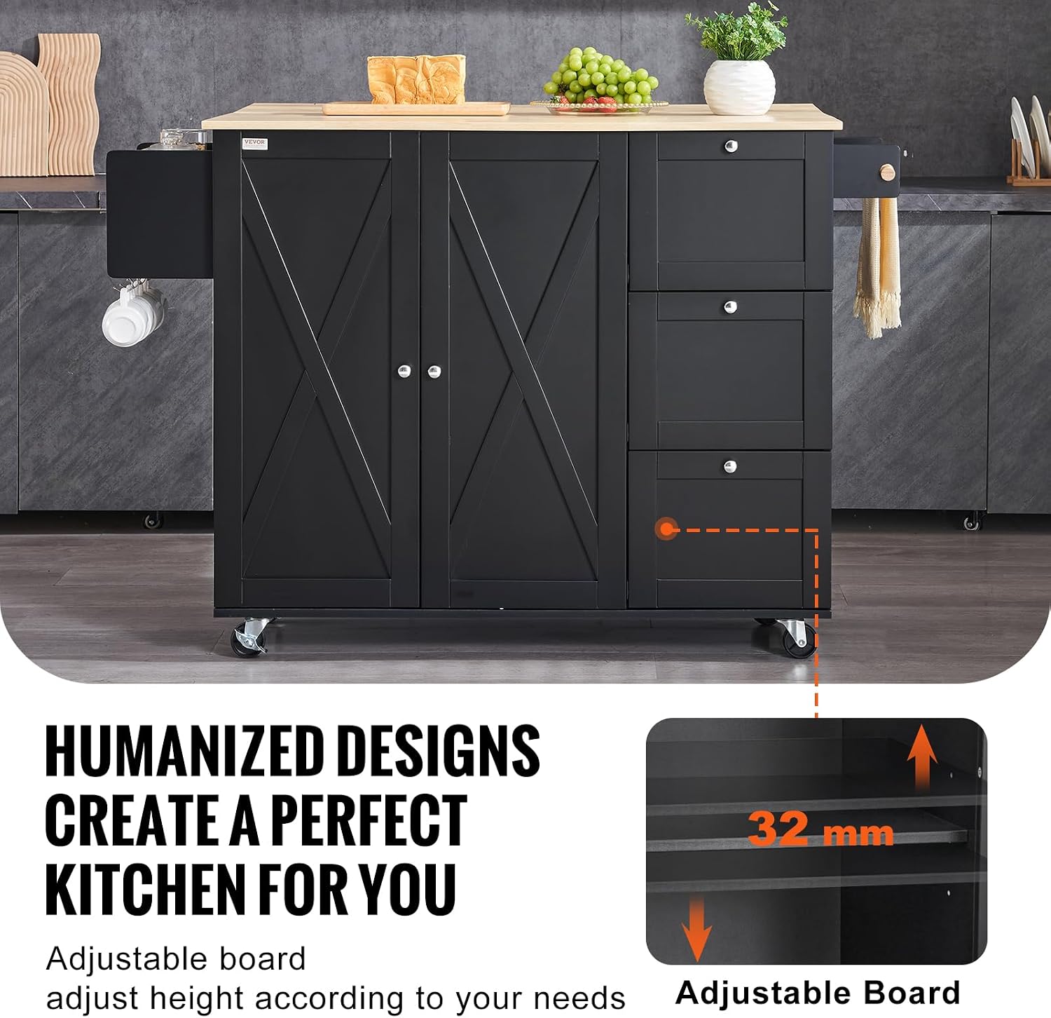 VEVOR Kitchen Island Cart, Rolling Table with Drop Leaf, Spice Rack, Towel Bar, Adjustable Shelf, Drawer, and Hooks, Mobile Island on Wheels, Mobile Carts with Storage Cabinet, 45.3' Wood Top, Black