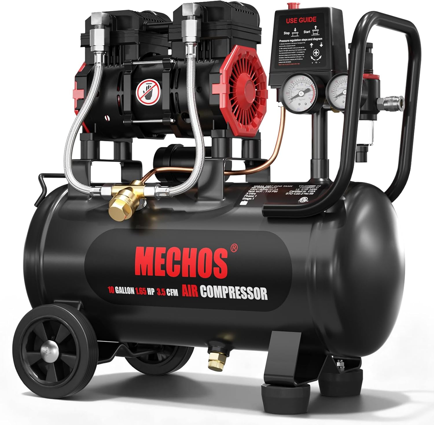 Portable Air Compressor with 10 Gallon Steel Tank, 1.65 HP 3.5 CFM @ 90 PSI, 116 Max PSI Oil-Free Air Compressor for Garage, Home Use, Tire Inflation, Nail Gun, DIY Projects,110V