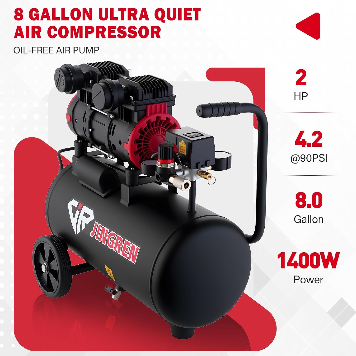 8 Gallon Quiet Oil Free Air Compressor With Air hose, Only 68dB, 2HP | Oilless Quiet Air Compressor, 4.2CFM, Max 120 PSI, 8 Gallon Air Tank for Car Repair, Spray Painting, Nailing With Air Hose