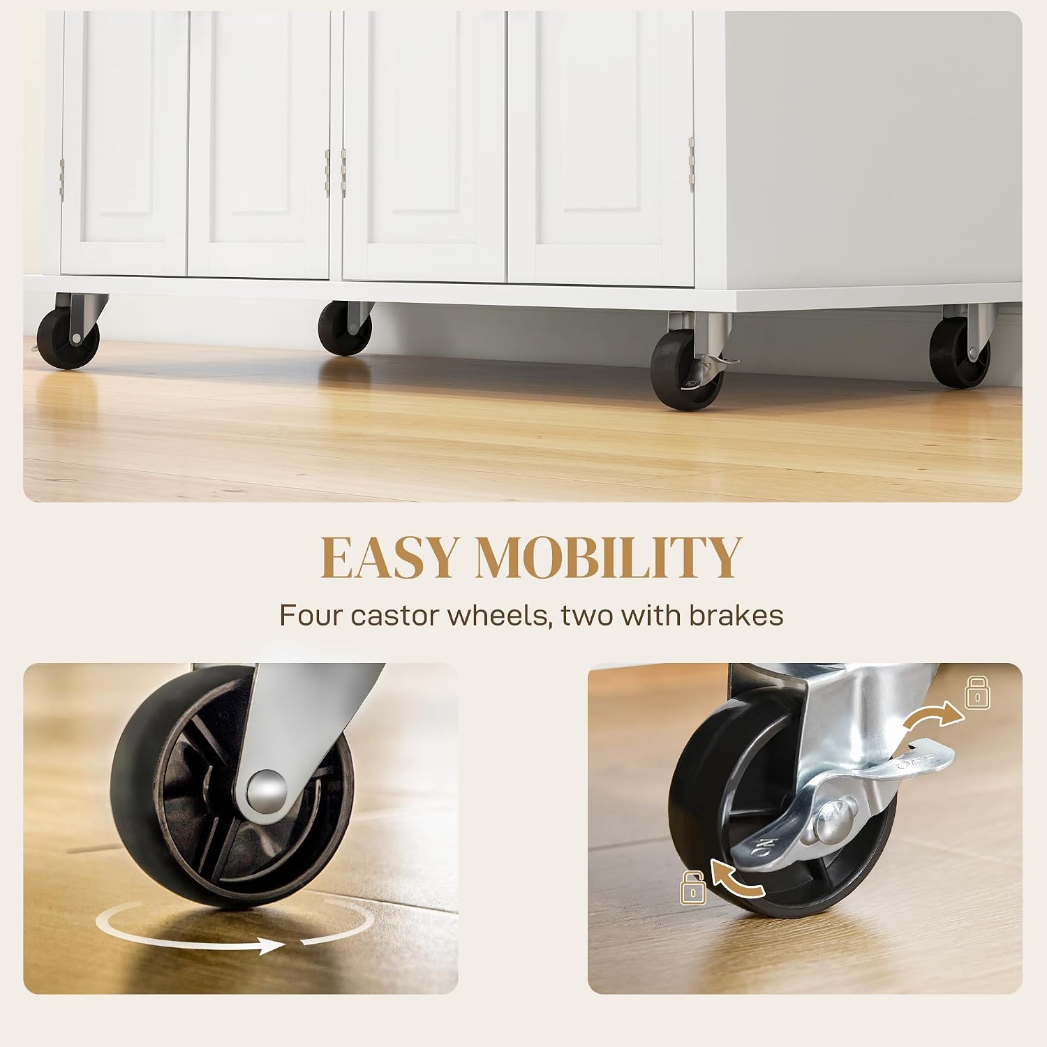 HOMCOM Kitchen Island Cart with Solid Wood Top, 44' Mobile Kitchen Island Table on Wheels with Storage Cabinets, 2 Drawers, Adjustable Shelves, Spice Rack & Towel Bar for Dining Room, Cream White