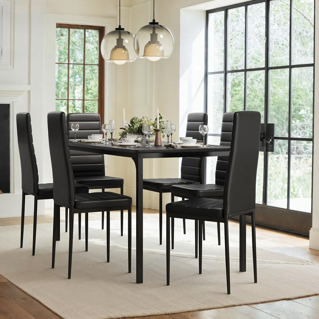 Gizoon Dining Table Set for 6, Kitchen Table Chairs Set of 6, 7 Piece Kitchen Table Set with 6 Upholstered PU Leather Chairs for Dining Room, Living Room, Apartment, Small Space, Black