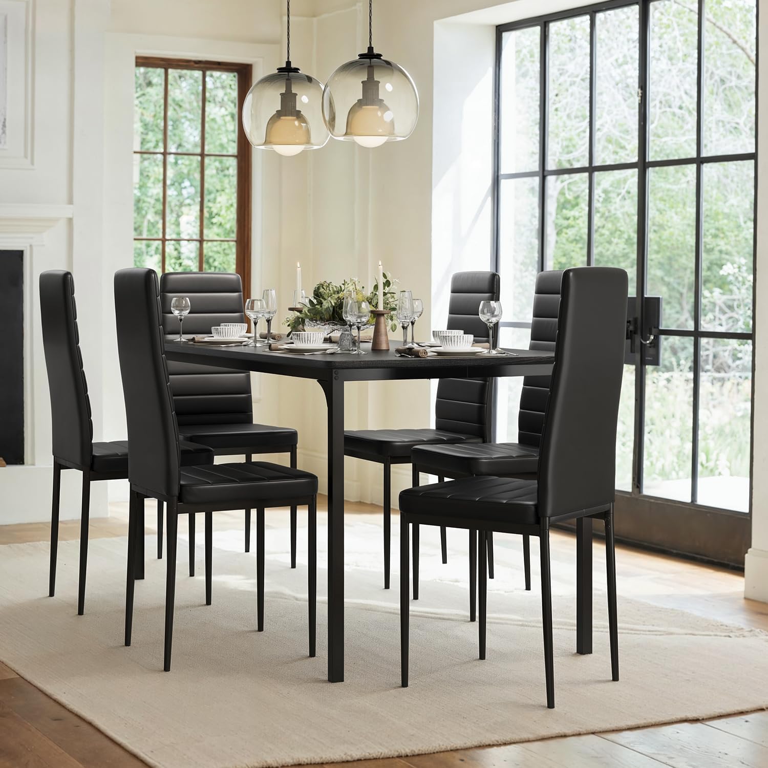 Gizoon Dining Table Set for 6, Kitchen Table Chairs Set of 6, 7 Piece Kitchen Table Set with 6 Upholstered PU Leather Chairs for Dining Room, Living Room, Apartment, Small Space, Black