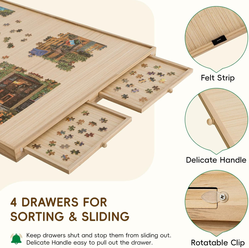 TEAKMAMA 27.6' H Tall 2000 Piece Puzzle Table with Legs, 41' W x 28.5' D Large Wood Folding Jigsaw Puzzle Board with Cover for Adults, 4 Drawers, Nature