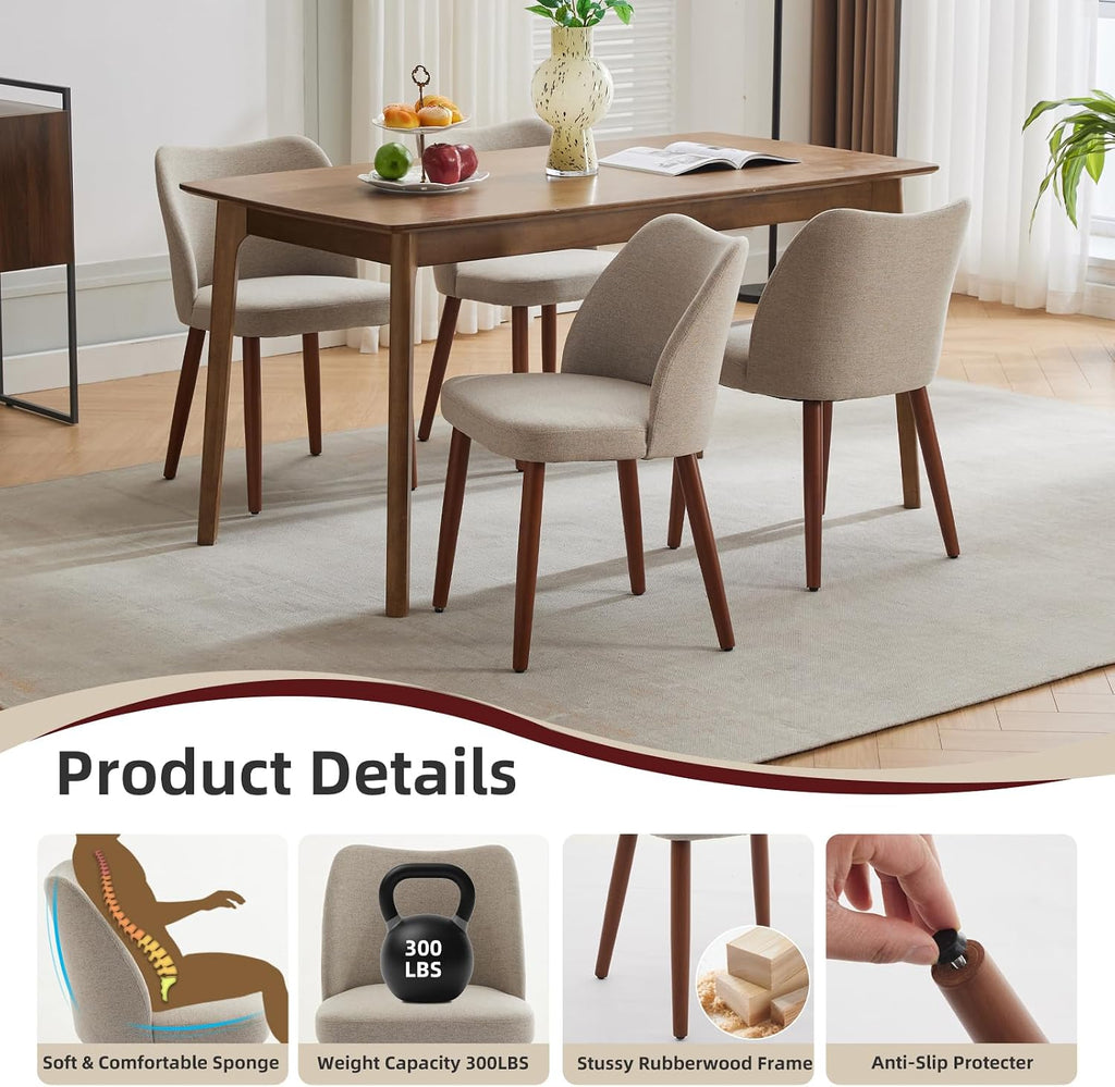 GarveeHome Linen Dining Chairs Set of 4 Upholstered Fabric Dining Chair with Wood Legs, Wing Backrest, Wooden Kitchen Chairs with Thick Cushions, Leveling Feet for Dining Room, Living Room, Khaki