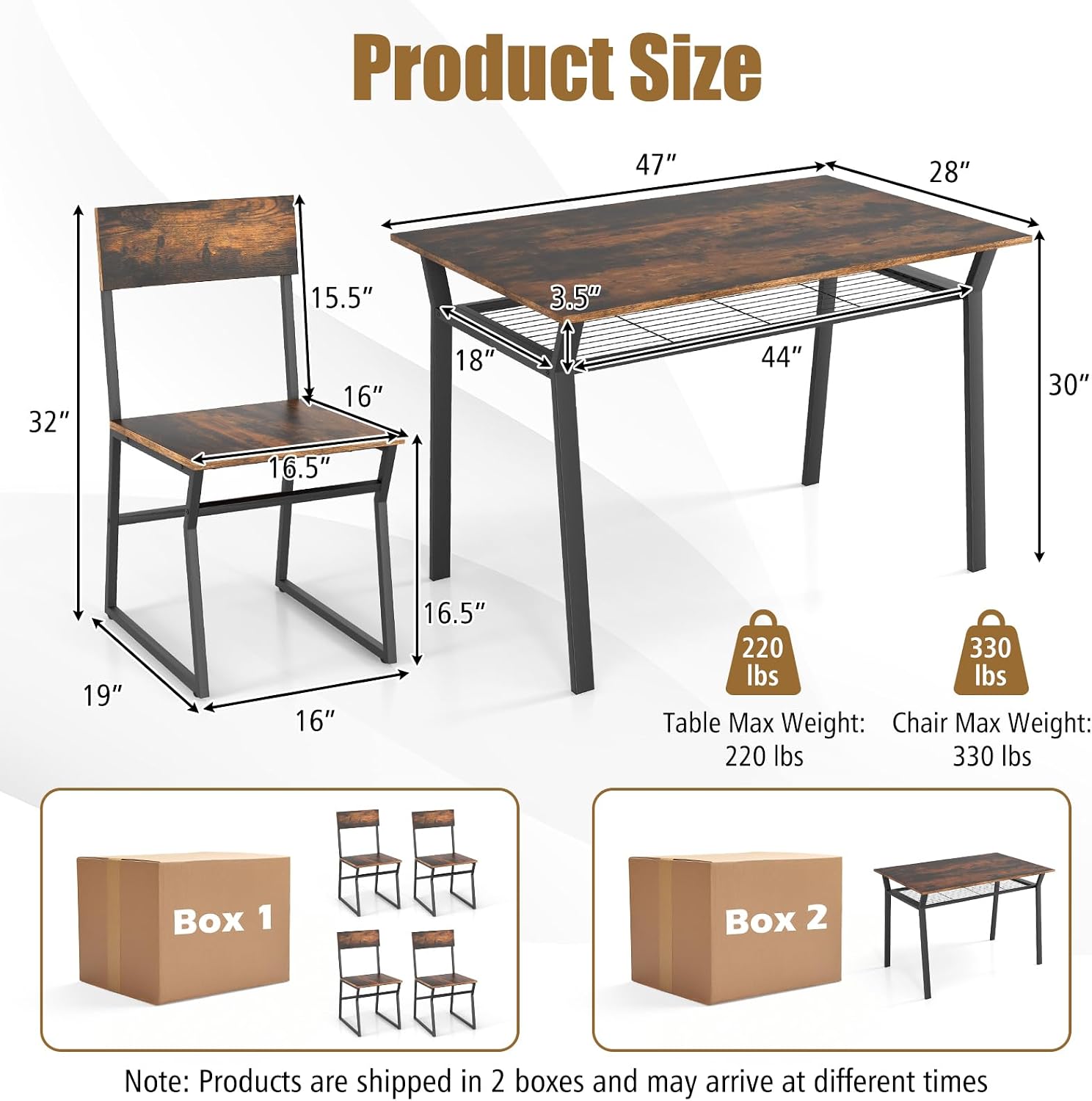 Giantex Dining Table Set for 4, 47'L x 28'W Rectangular Kitchen Table w/ 4 Trapezoid Chairs, Reinforced Metal Frame & Storage Rack, Industrial Space-Saving Dinette Set for Kitchen Dining Room (Brown)